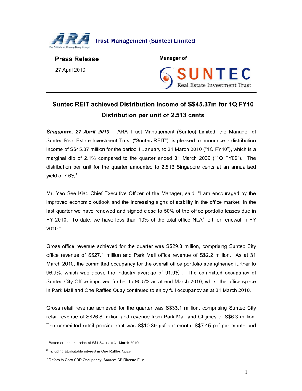 Suntec REIT Achieved Distribution Income of S$45.37M for 1Q FY10 Distribution Per Unit of 2.513 Cents