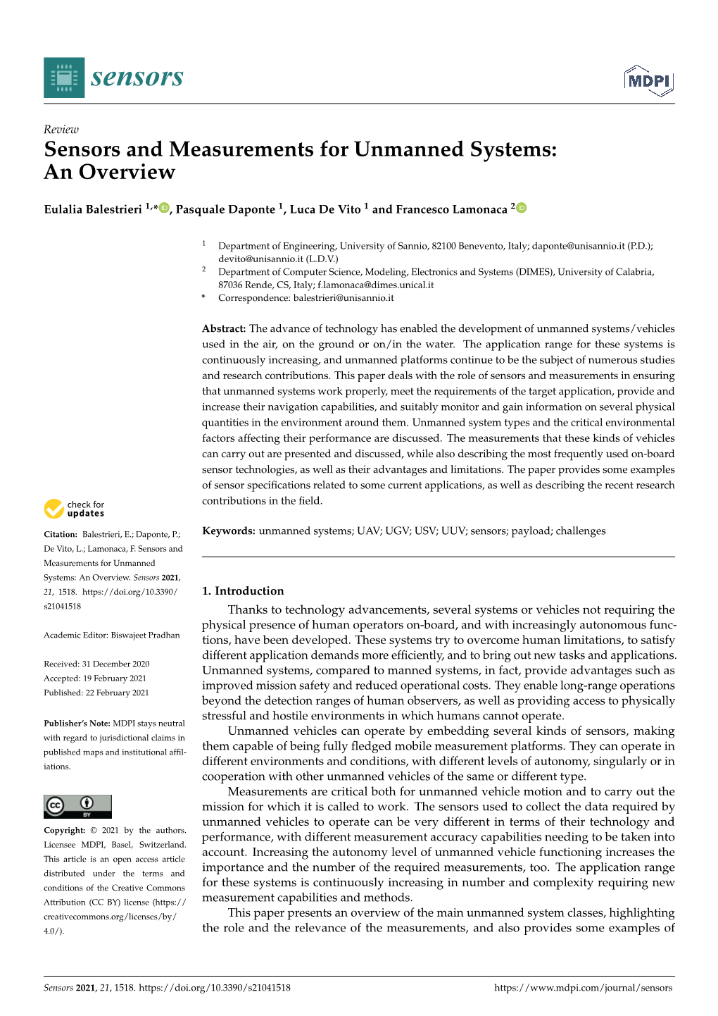 Sensors and Measurements for Unmanned Systems: an Overview