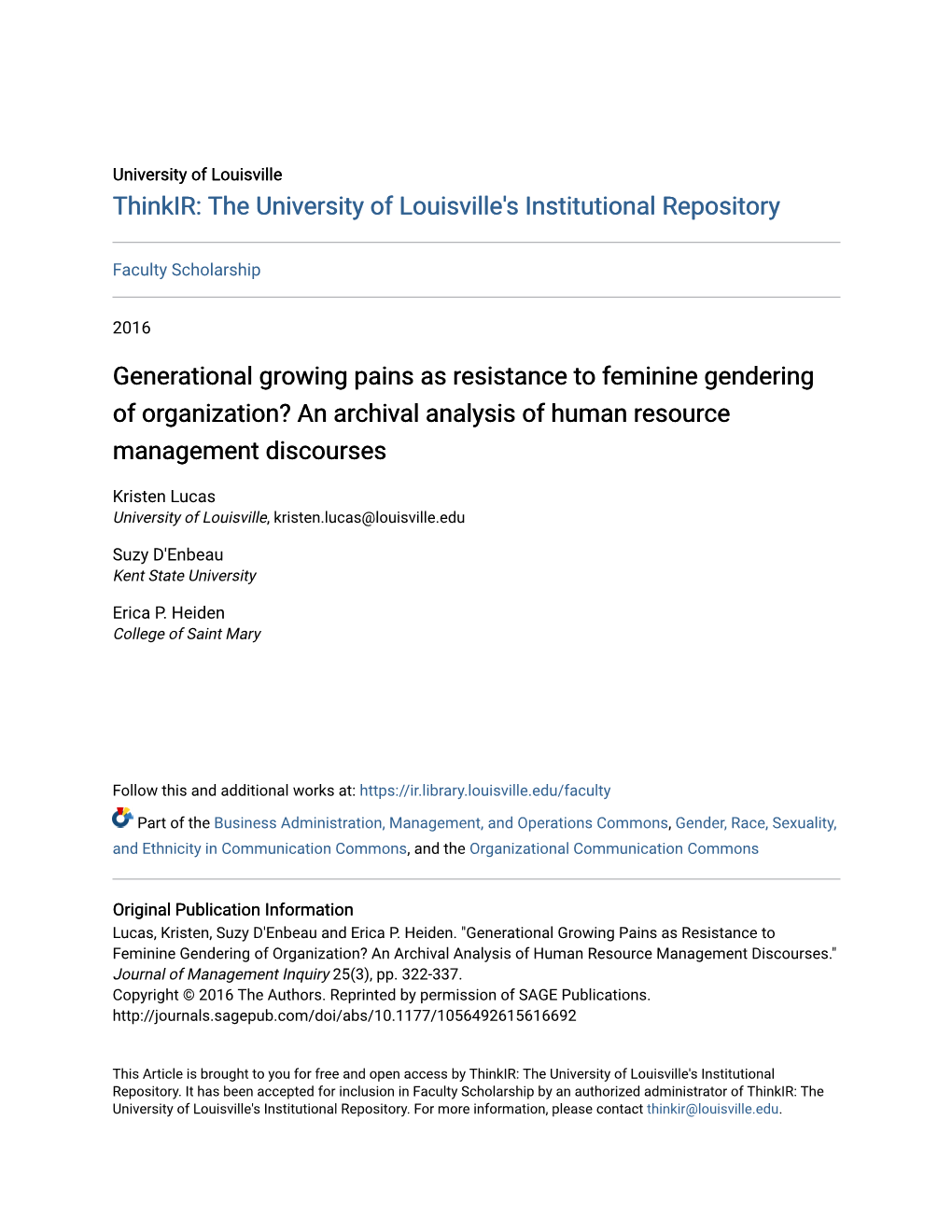 Generational Growing Pains As Resistance to Feminine Gendering of Organization? an Archival Analysis of Human Resource Management Discourses