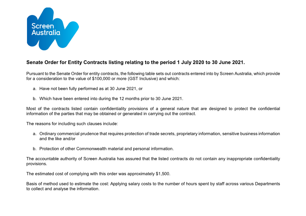 Senate Order for Entity Contracts Listing Relating to the Period 1 July 2020 to 30 June 2021