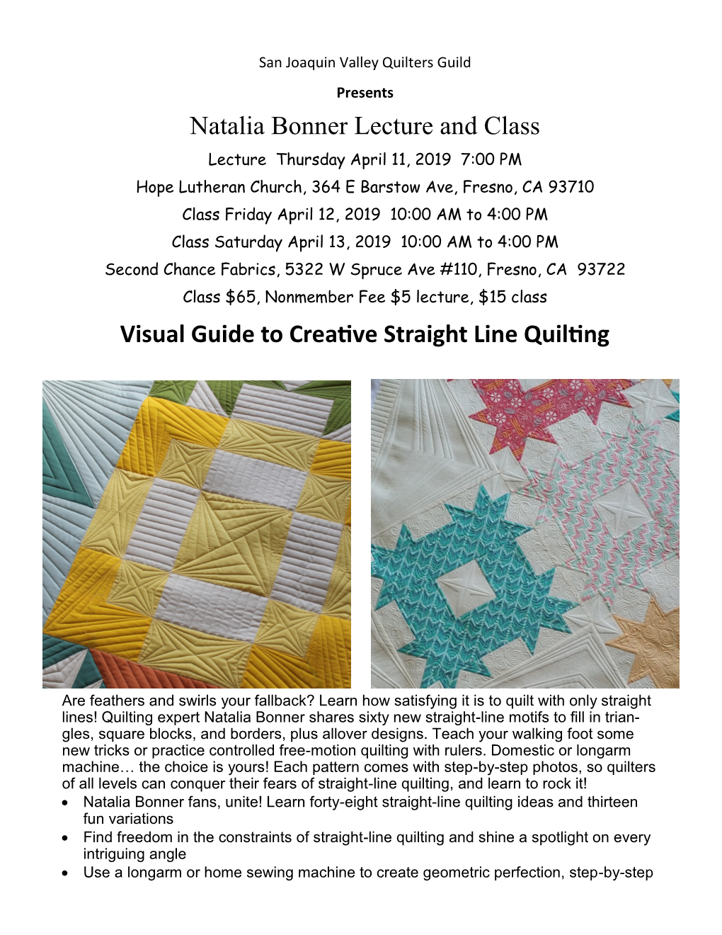 Natalia Bonner Lecture and Class Visual Guide to Creative Straight Line Quilting