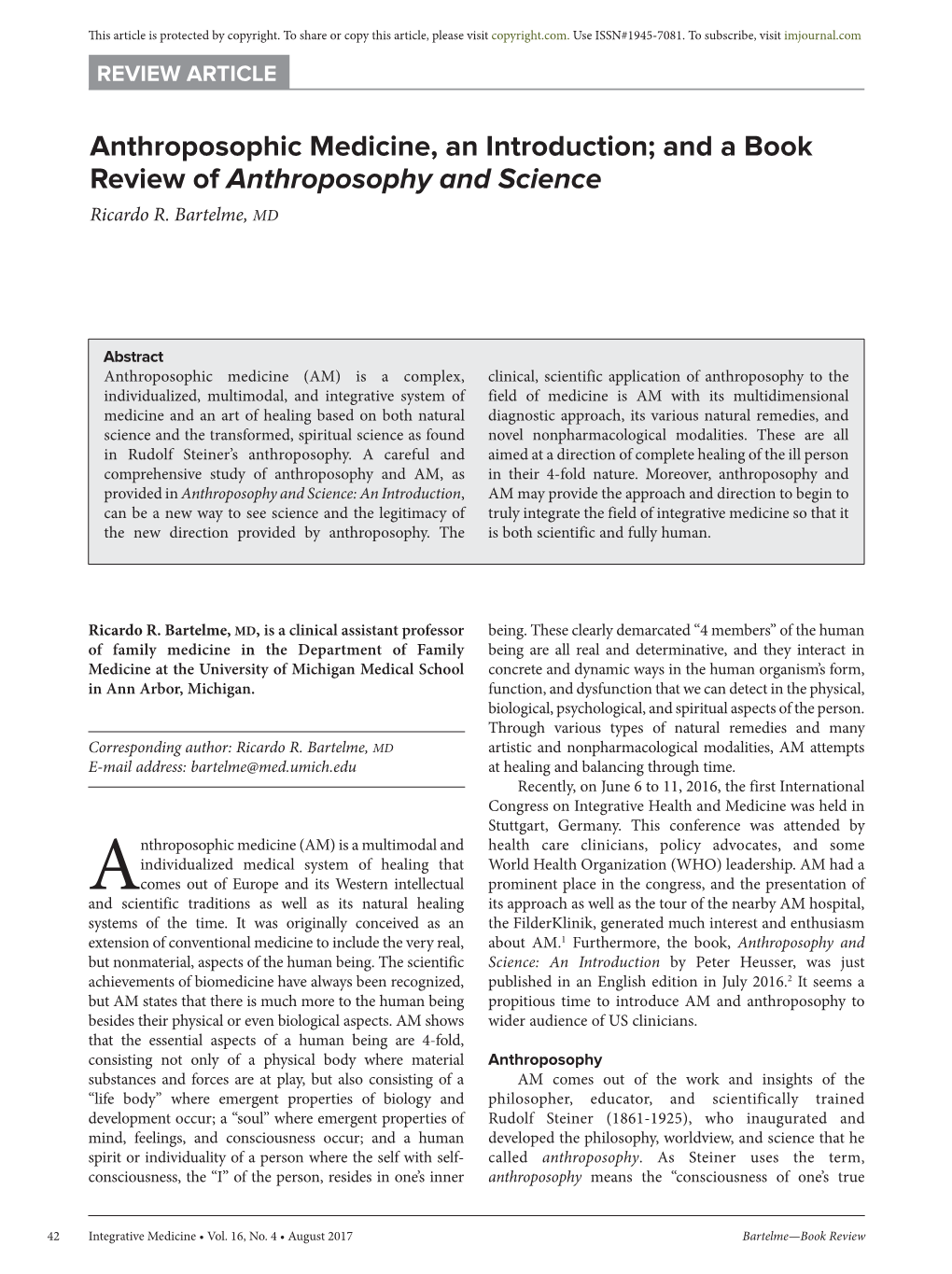 Anthroposophic Medicine, an Introduction; and a Book Review of Anthroposophy and Science Ricardo R