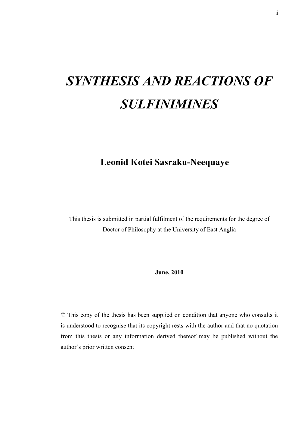 Syntheses and Reactions of Sulfinimines