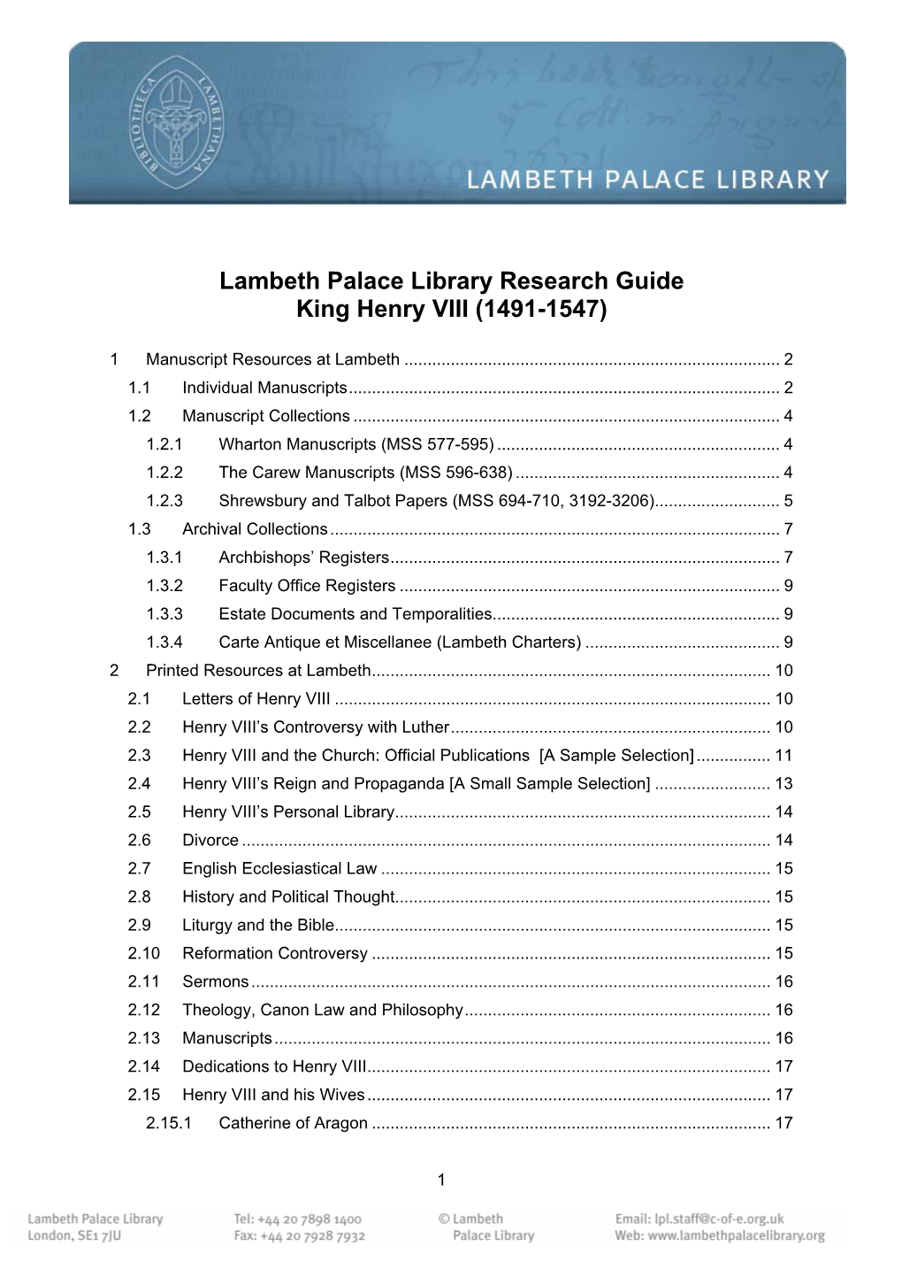 Lambeth Palace Library Research Guide King Henry VIII (1491-1547)