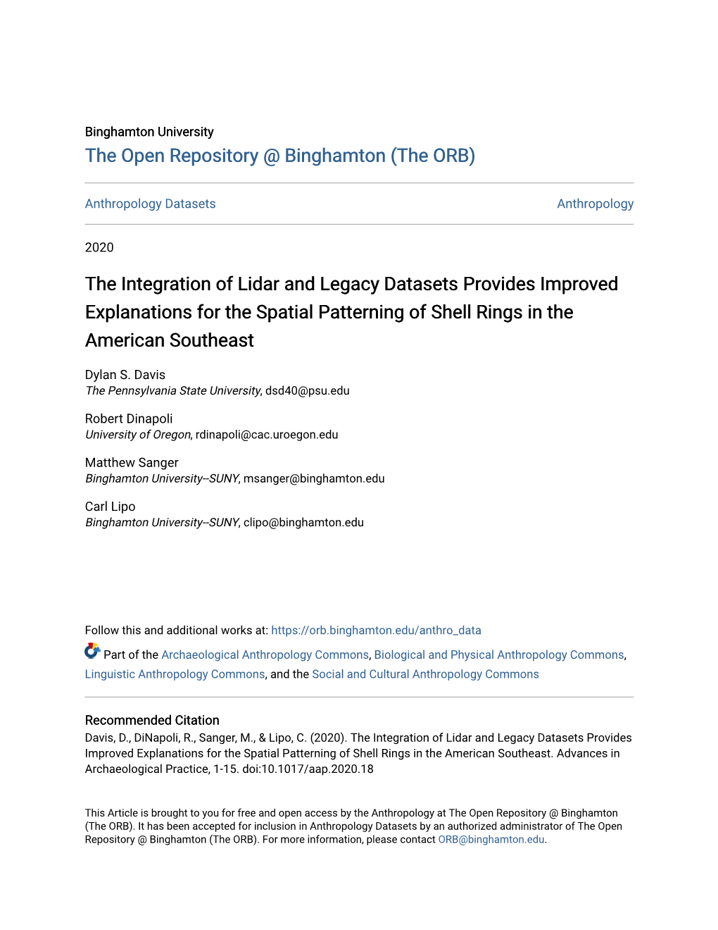 The Integration of Lidar and Legacy Datasets Provides Improved Explanations for the Spatial Patterning of Shell Rings in the American Southeast