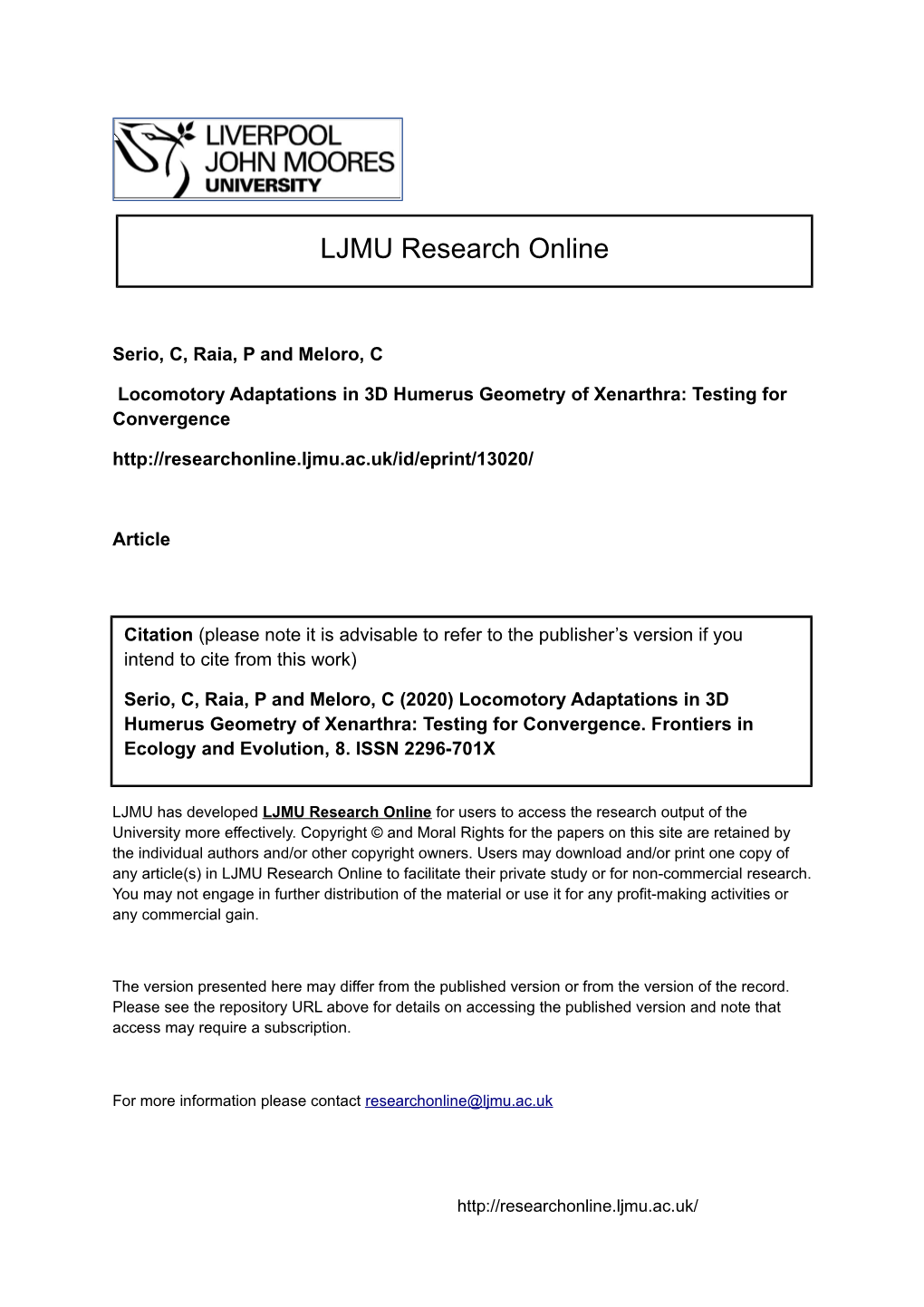 Locomotory Adaptations in 3D Humerus Geometry of Xenarthra: Testing for Convergence