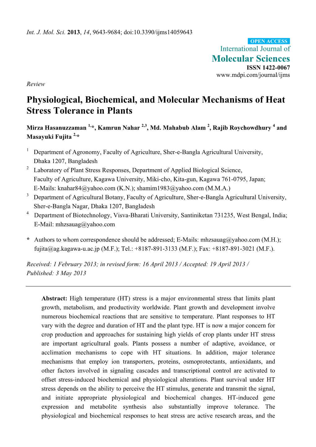 Physiological, Biochemical, and Molecular Mechanisms of Heat Stress Tolerance in Plants