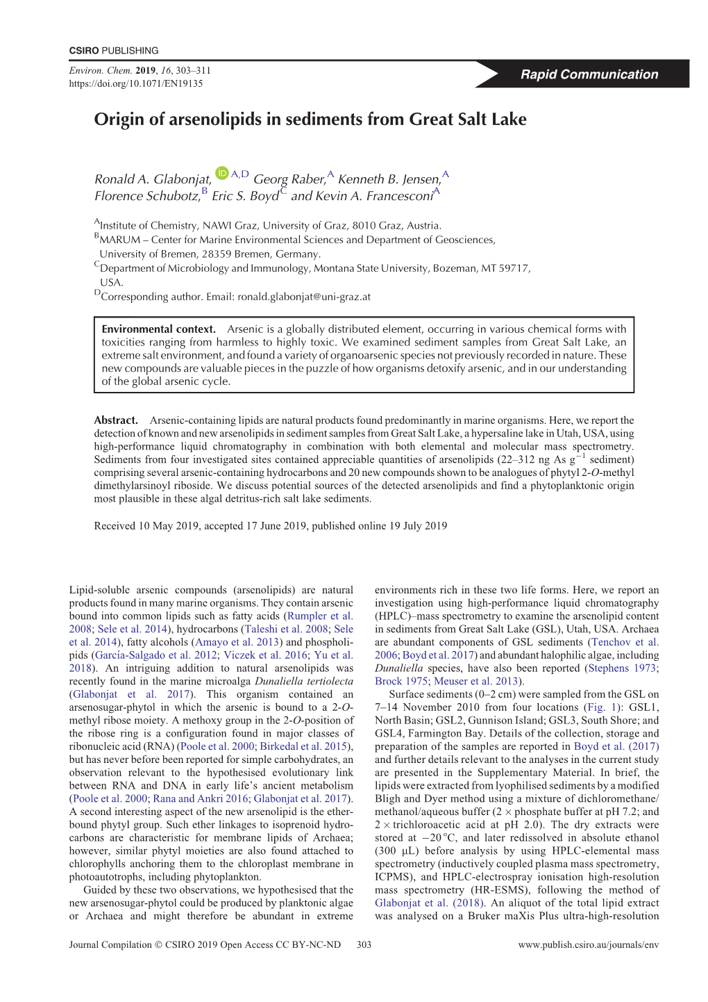 Origin of Arsenolipids in Sediments from Great Salt Lake