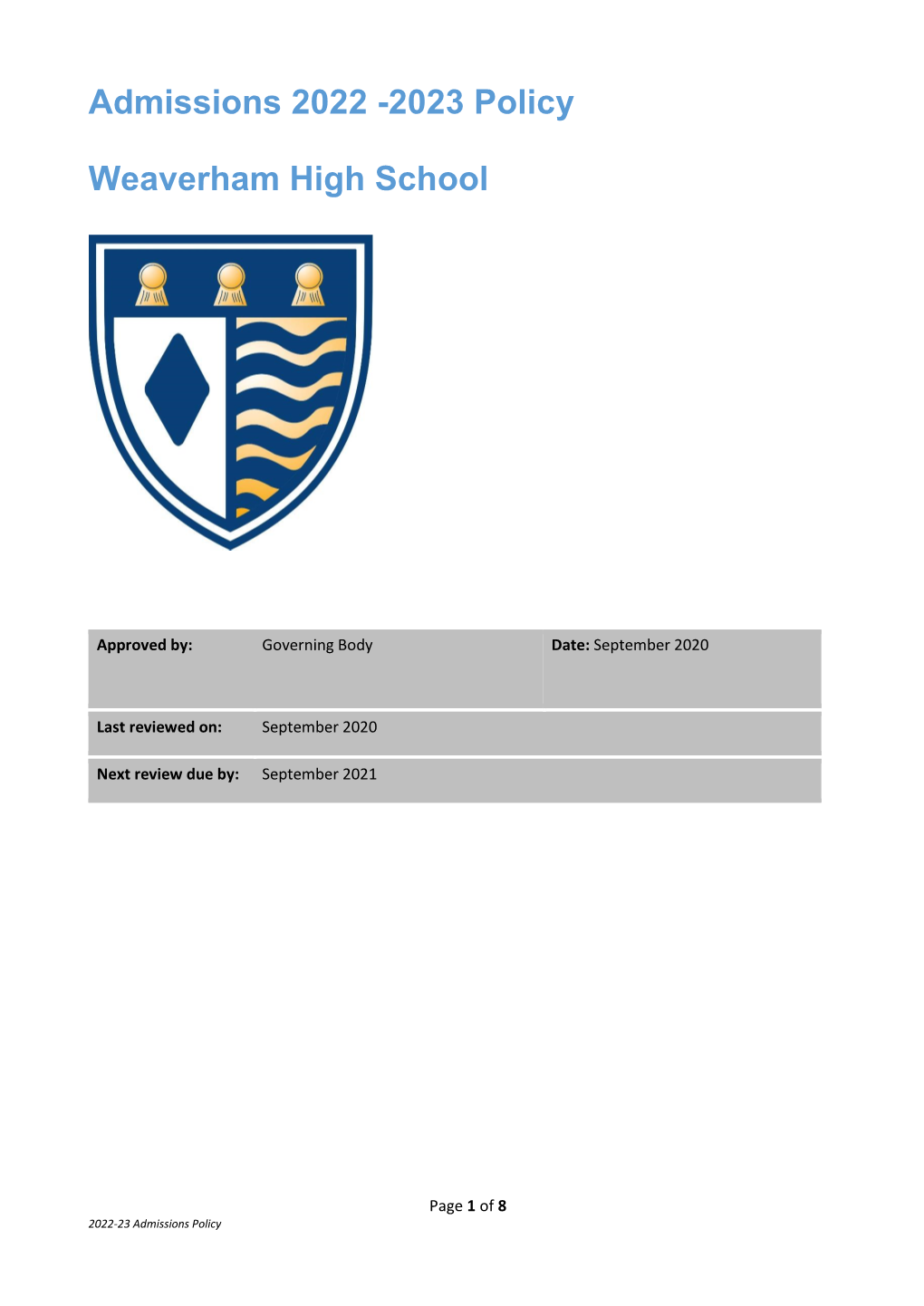 Weaverham High School Admissions Policy