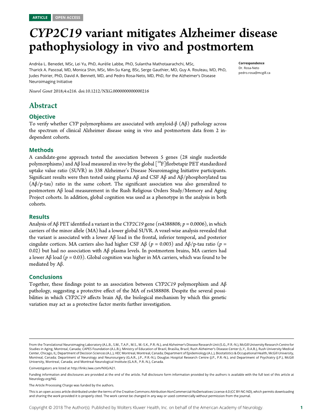 CYP2C19 Variant Mitigates Alzheimer Disease Pathophysiology in Vivo and Postmortem