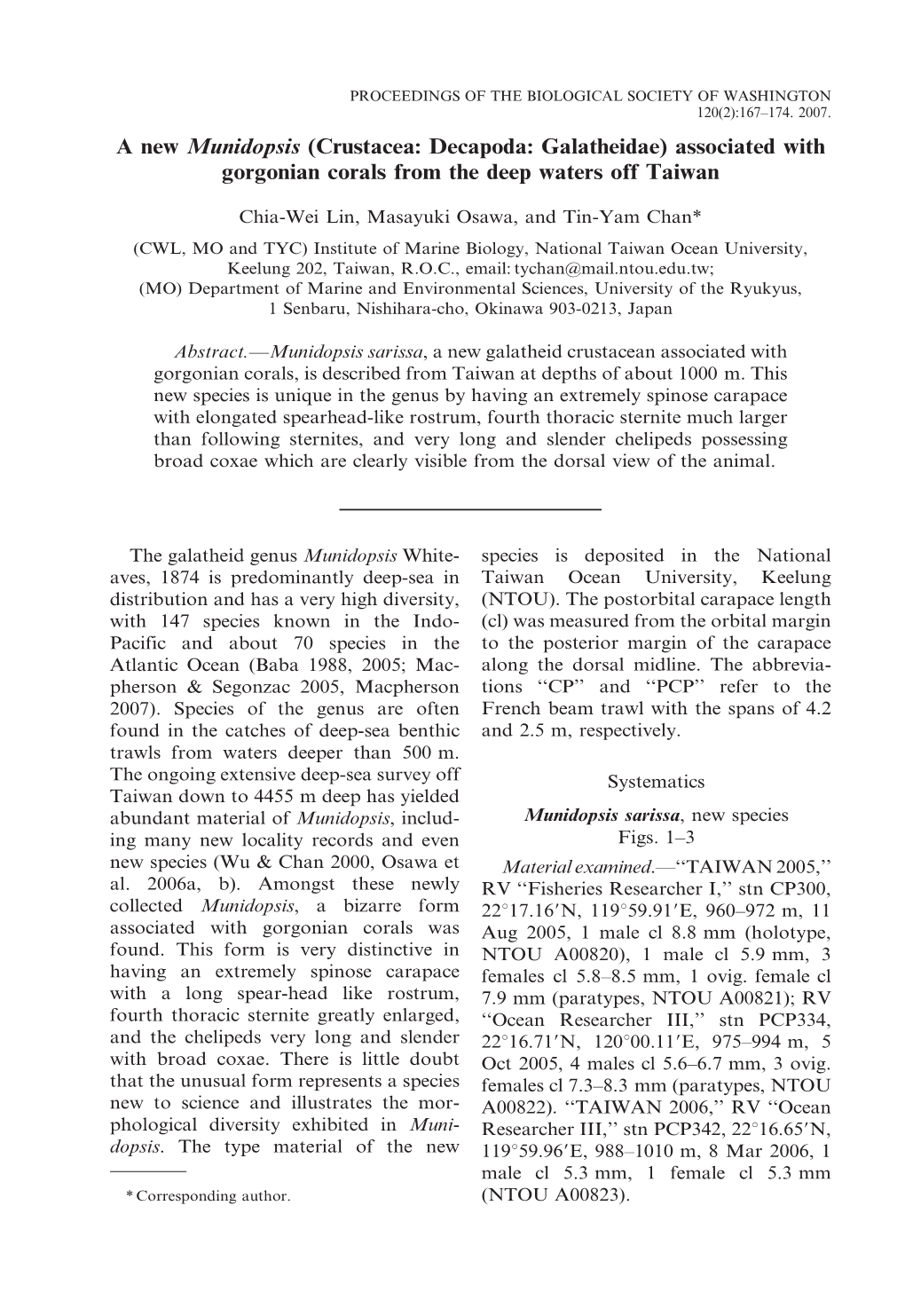 Associated with Gorgonian Corals from the Deep Waters Off Taiwan