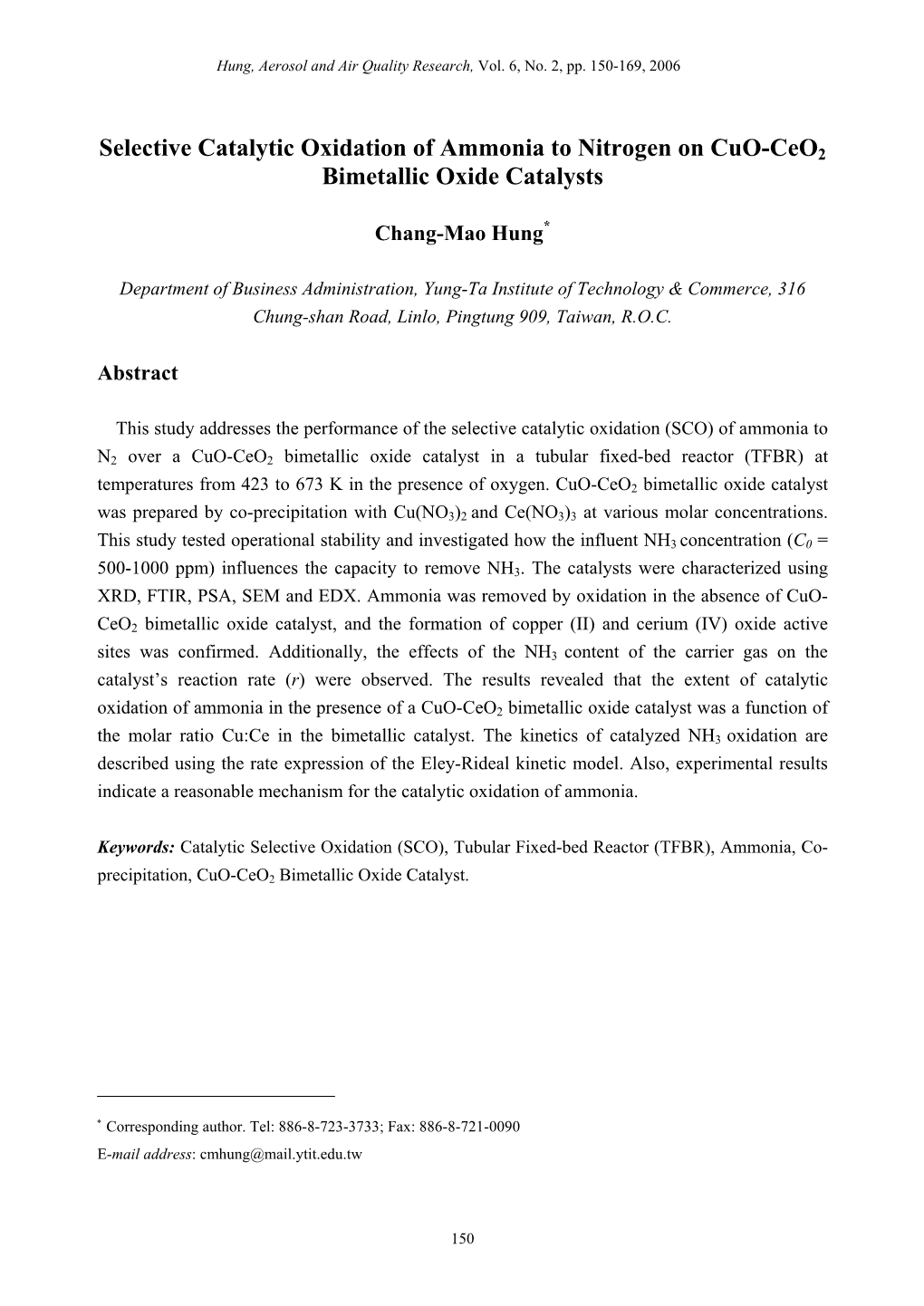 Selective Catalytic Oxidation of Ammonia to Nitrogen on Cuo-Ceo2 Bimetallic Oxide Catalysts