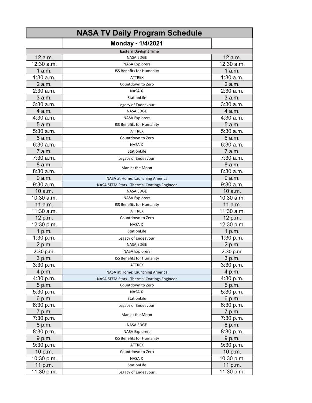 NASA TV Daily Program Schedule Monday - 1/4/2021 Eastern Daylight Time 12 A.M