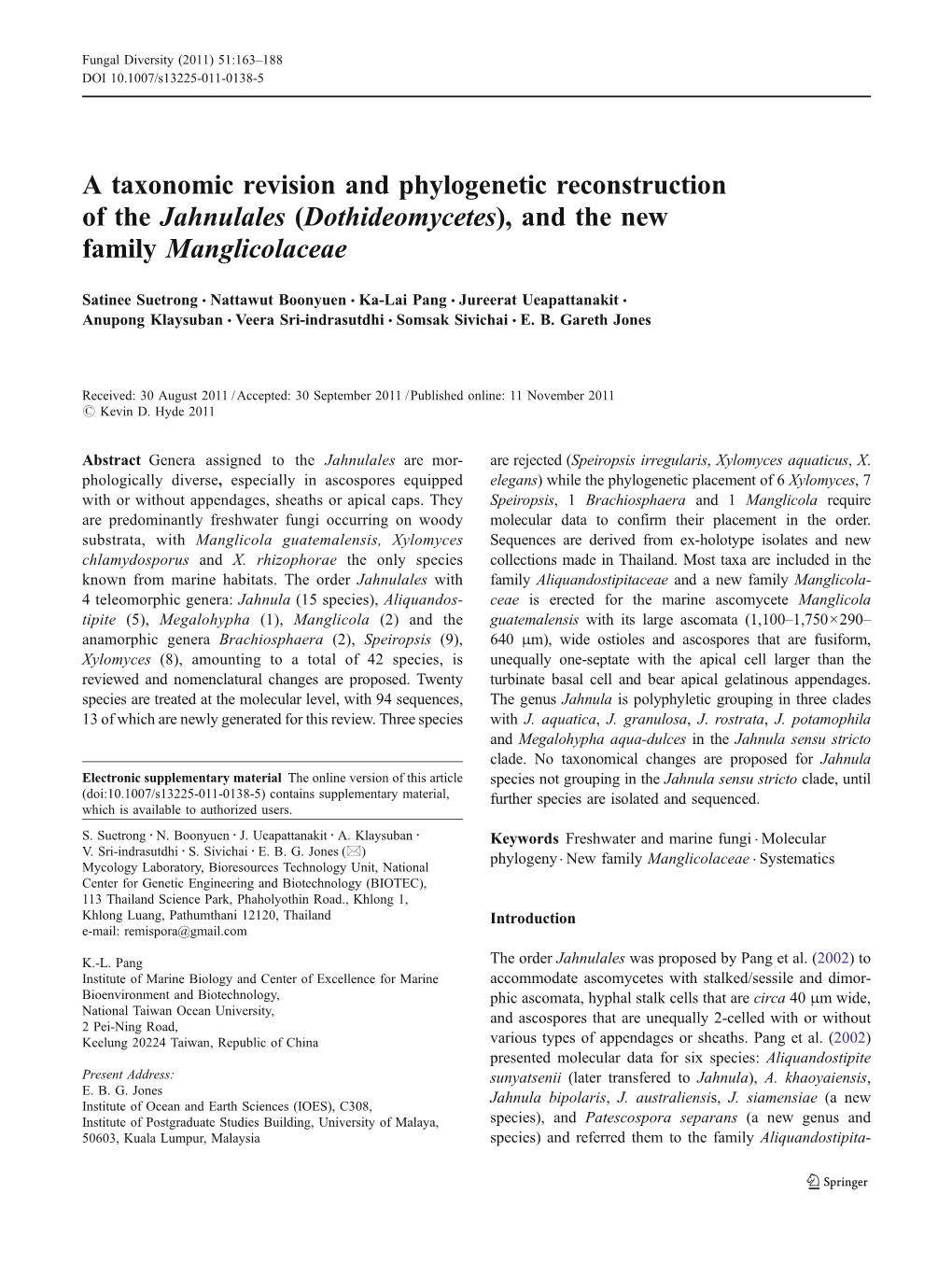 A Taxonomic Revision and Phylogenetic Reconstruction of the Jahnulales (Dothideomycetes), and the New Family Manglicolaceae