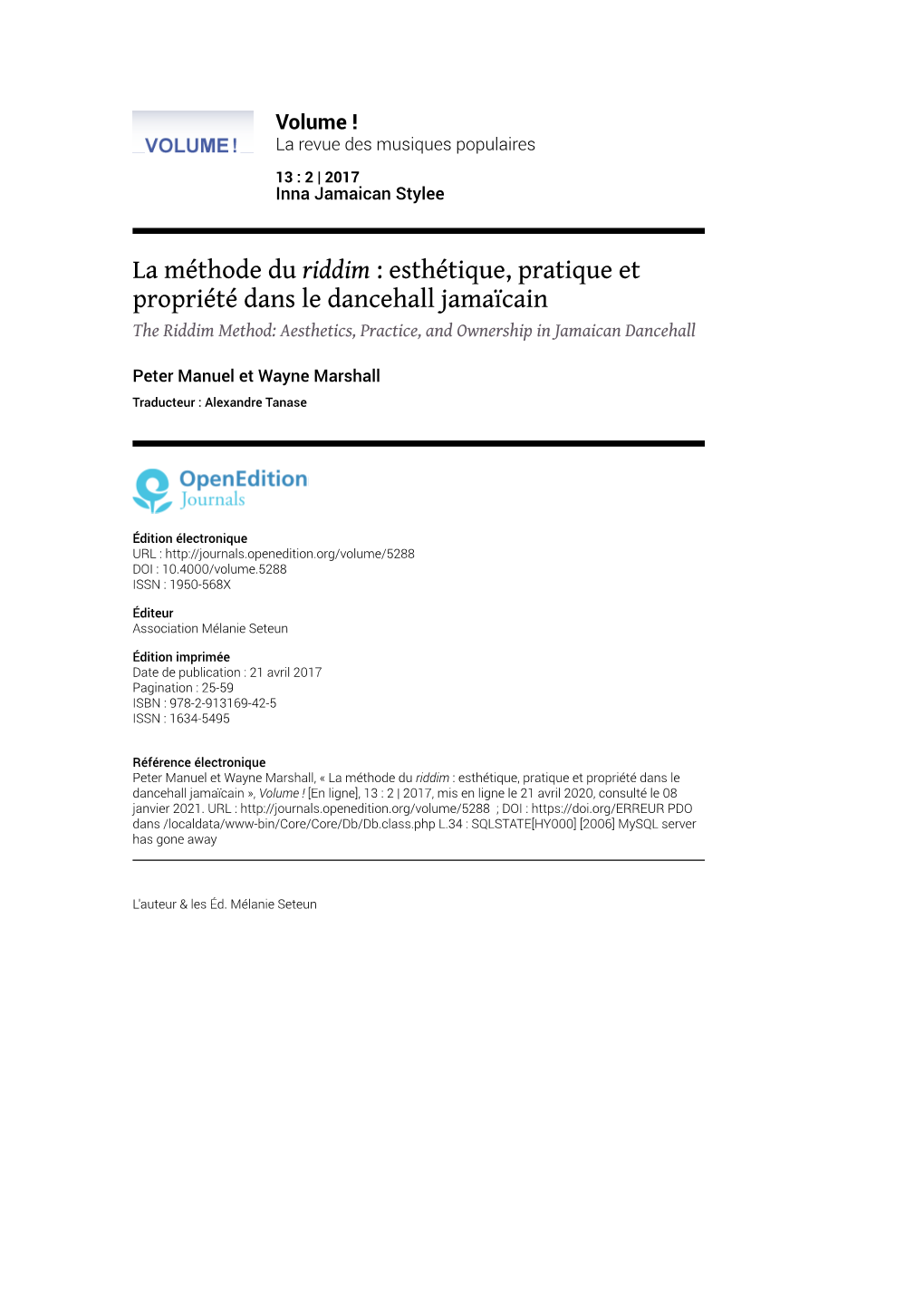 La Méthode Du Riddim : Esthétique, Pratique Et Propriété Dans Le Dancehall Jamaïcain the Riddim Method: Aesthetics, Practice, and Ownership in Jamaican Dancehall