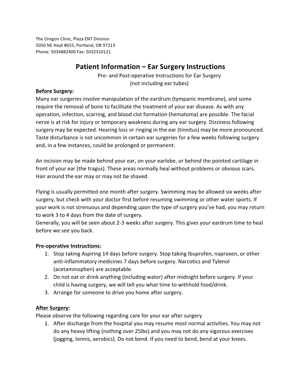 Patient Information – Ear Surgery Instructions