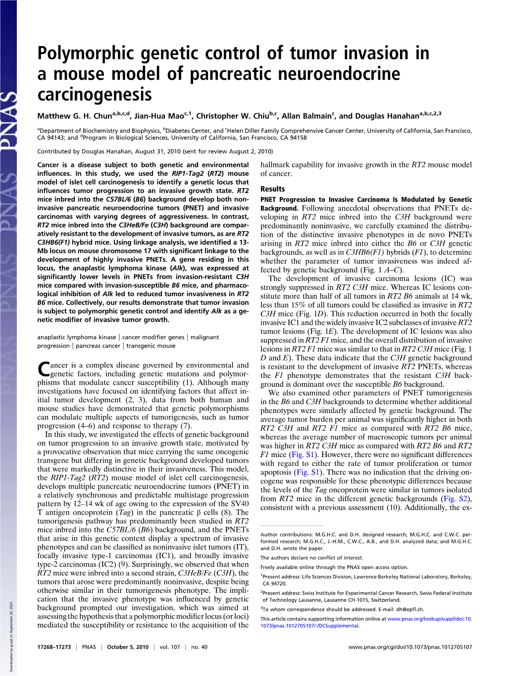 Polymorphic Genetic Control of Tumor Invasion in a Mouse Model of Pancreatic Neuroendocrine Carcinogenesis