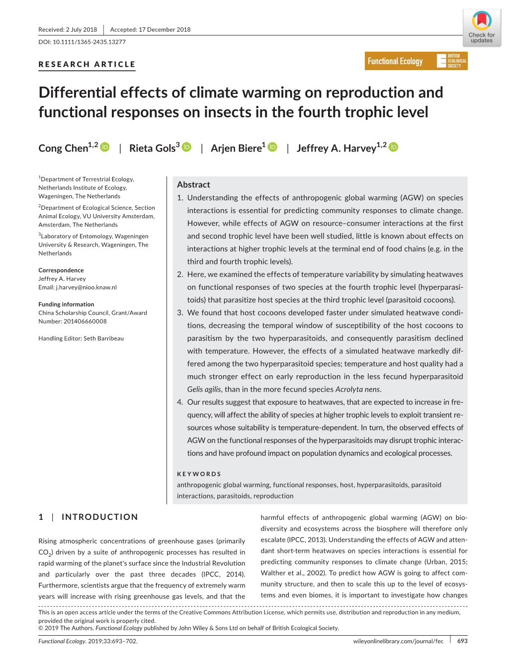 Differential Effects of Climate Warming on Reproduction and Functional Responses on Insects in the Fourth Trophic Level