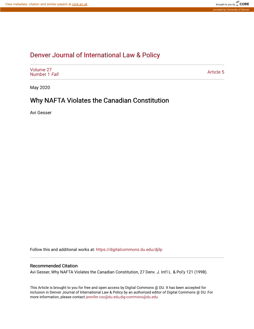 Why NAFTA Violates the Canadian Constitution