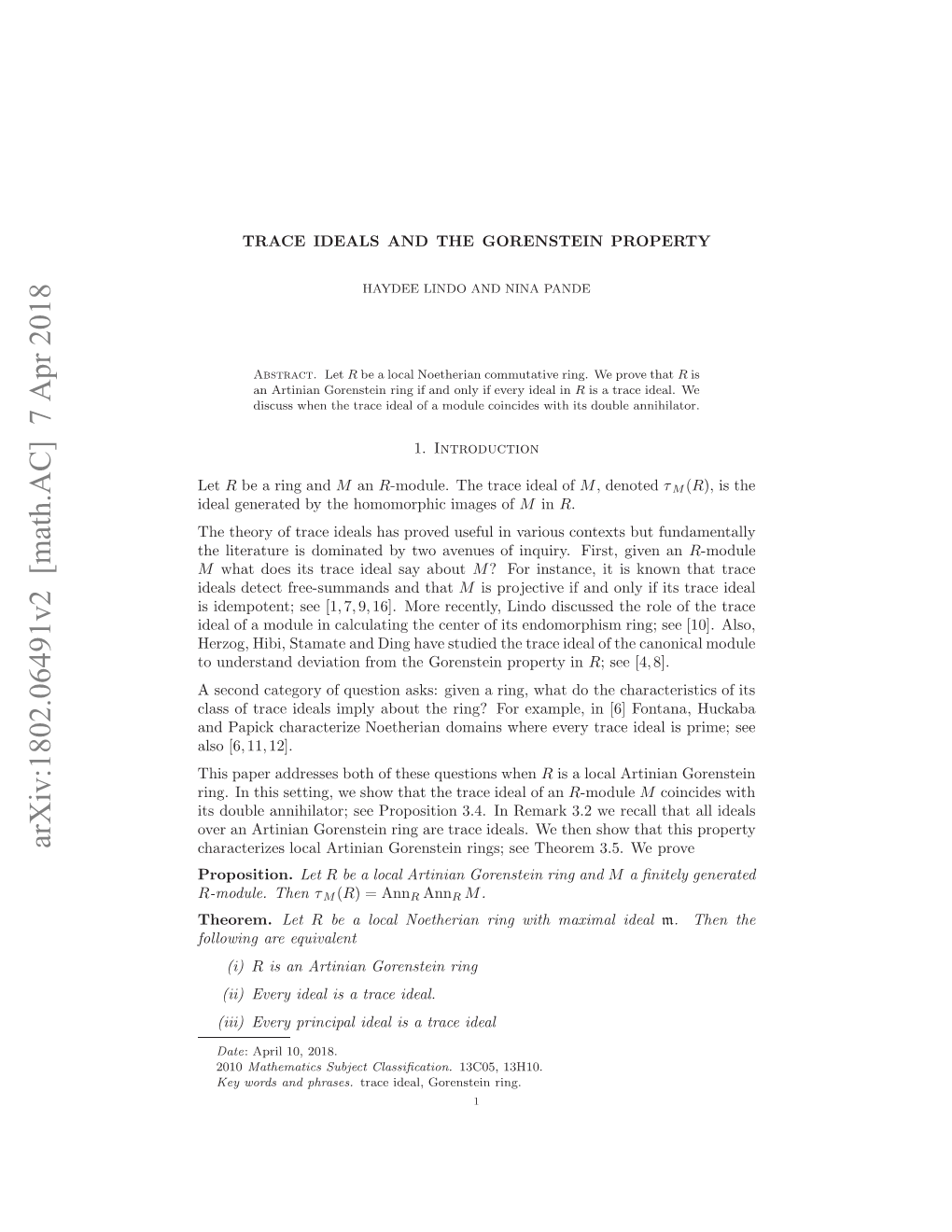 Arxiv:1802.06491V2 [Math.AC] 7 Apr 2018 R Theorem