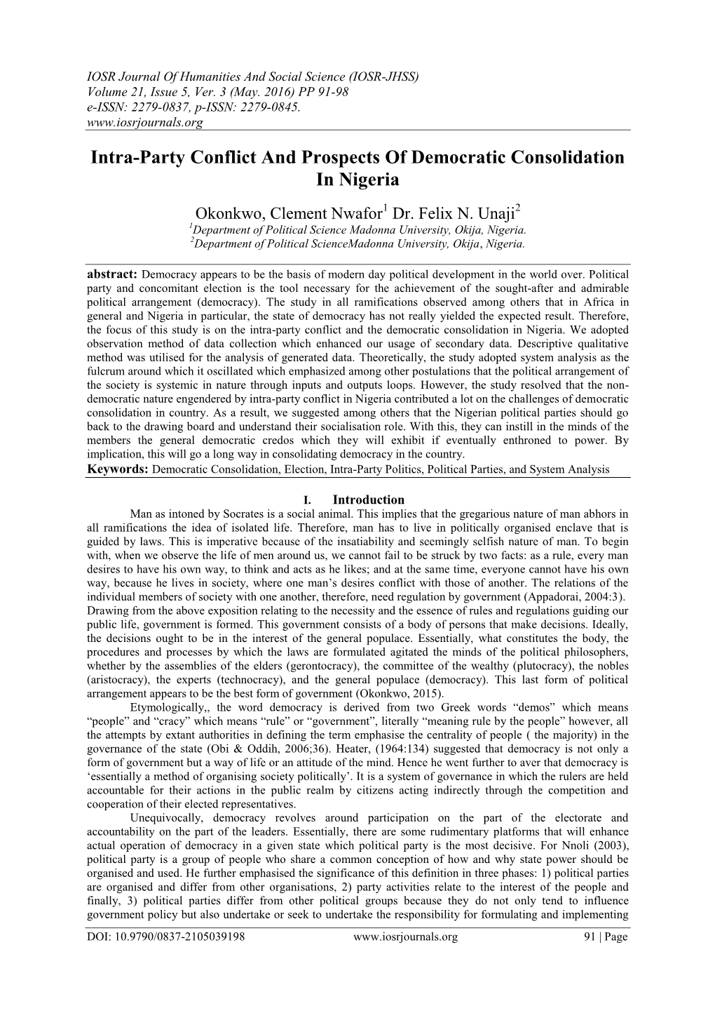 Intra-Party Conflict and Prospects of Democratic Consolidation in Nigeria