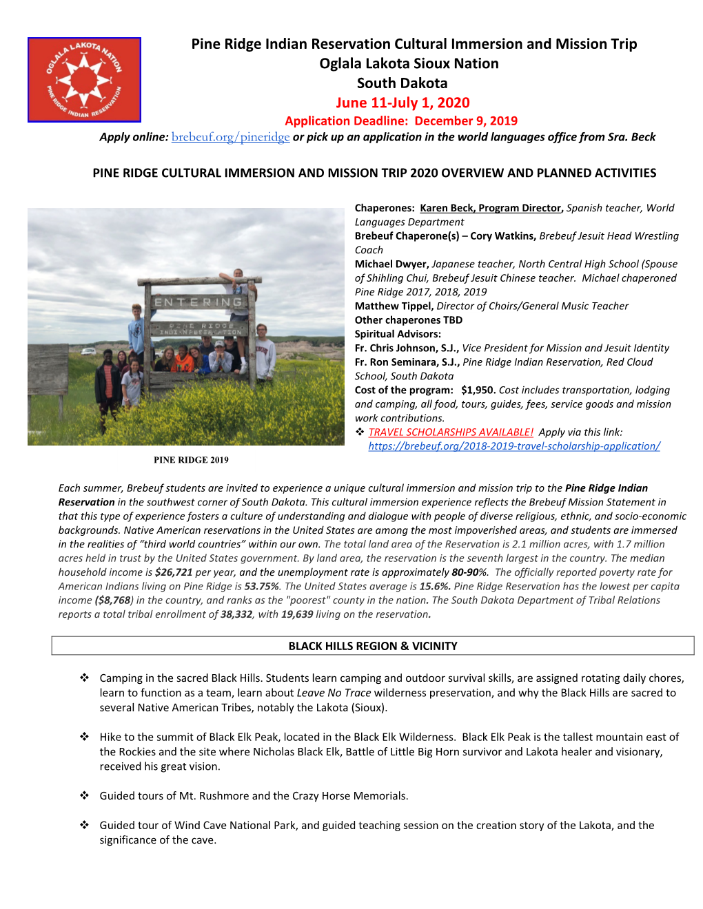 Pine Ridge Indian Reservation Cultural Immersion and Mission