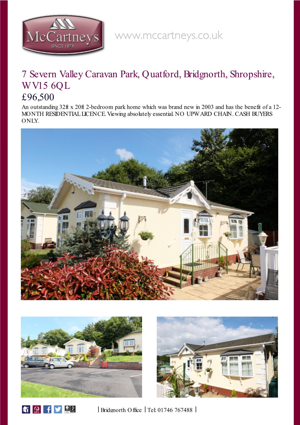 7 Severn Valley Caravan Park, Quatford, Bridgnorth, Shropshire, WV15 6QL £96,500