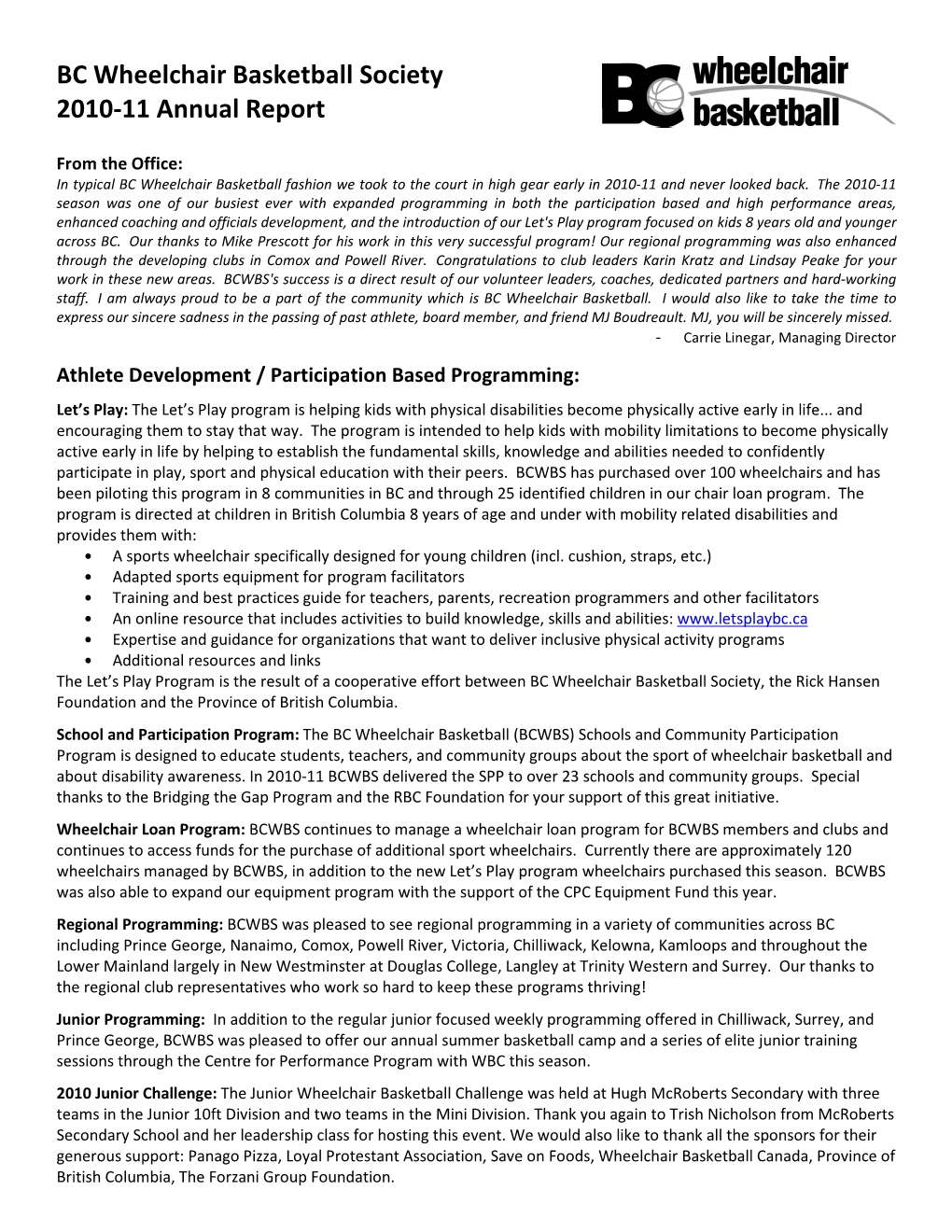 BC Wheelchair Basketball Society 2010-11 Annual Report