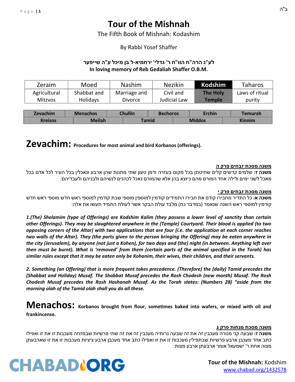 Tour of the Mishnah the Fifth Book of Mishnah: Kodashim