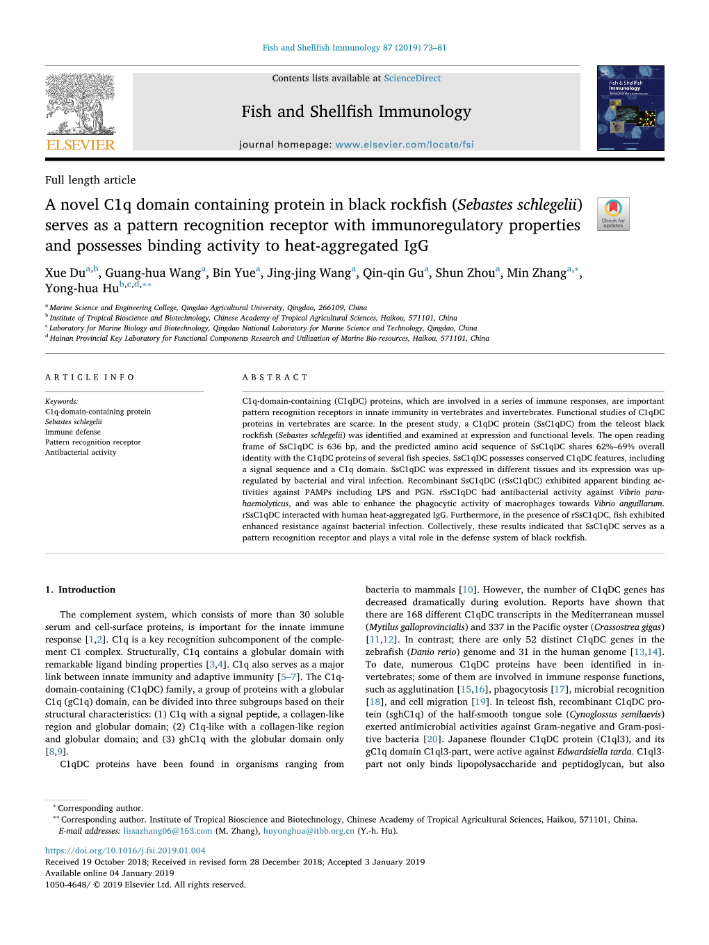 A Novel C1q Domain Containing Protein in Black Rockfish (Sebastes