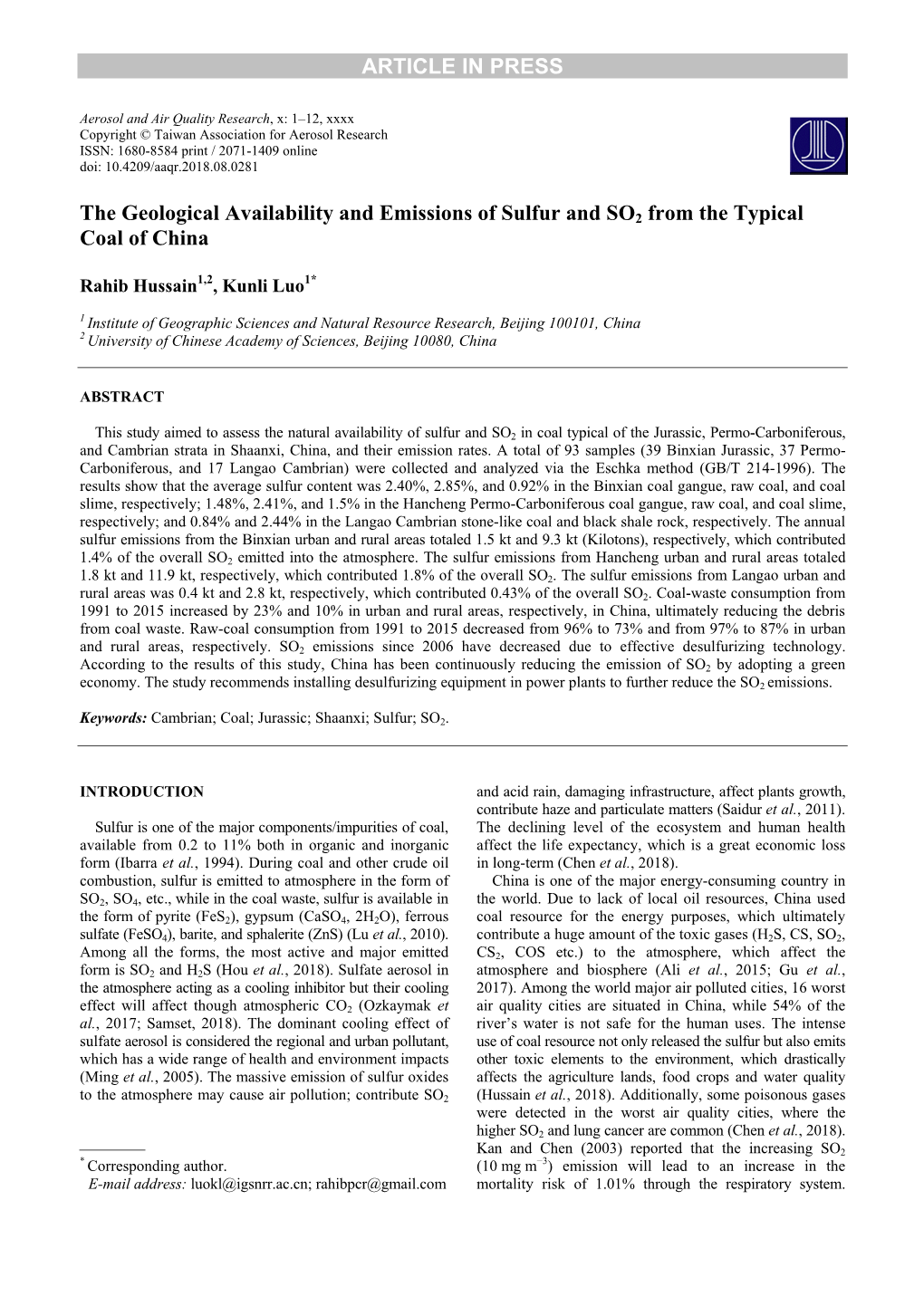 The Geological Availability and Emissions of Sulfur and SO2 from the Typical Coal of China