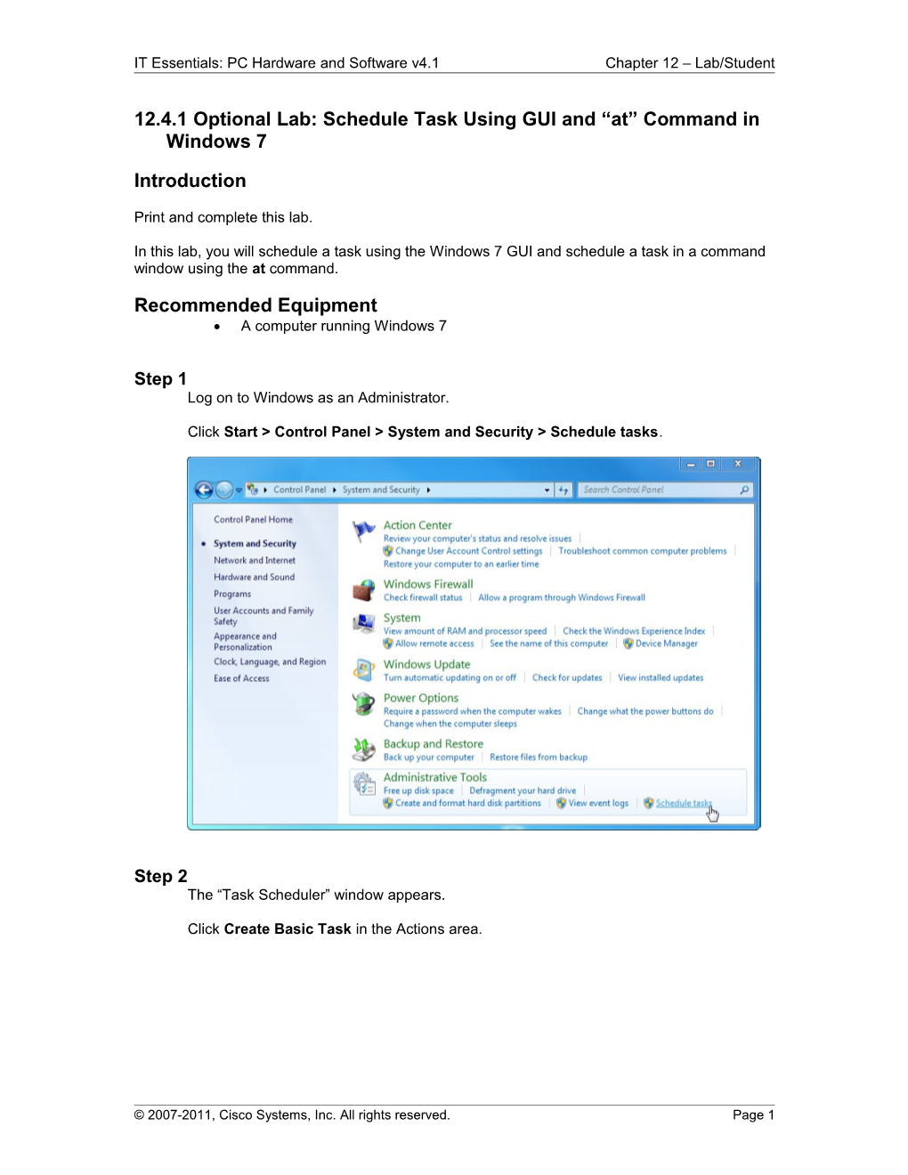 12.4.1 Optional Lab: Schedule Task Using GUI and at Command in Windows 7