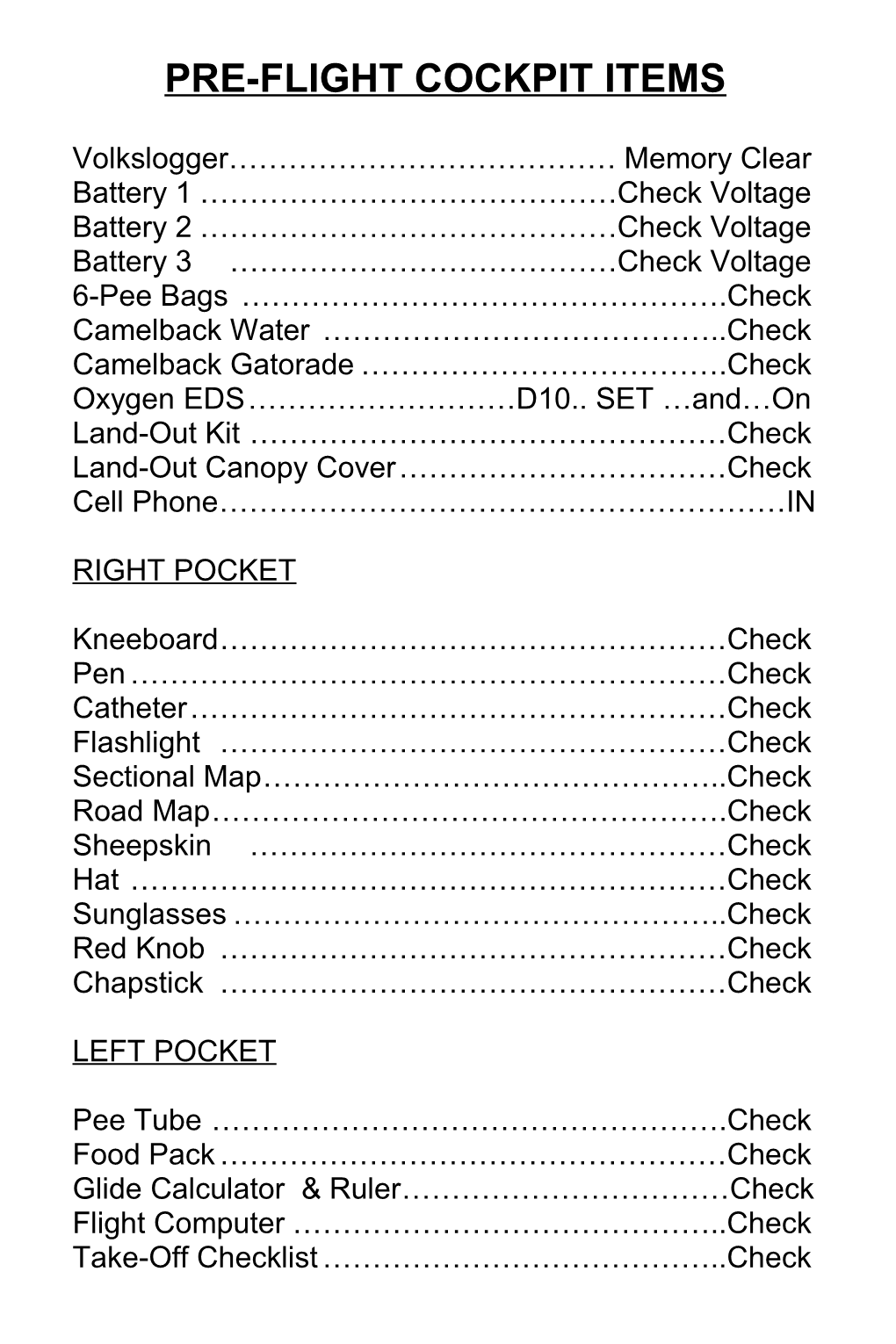 Pre-Flight Cockpit Items