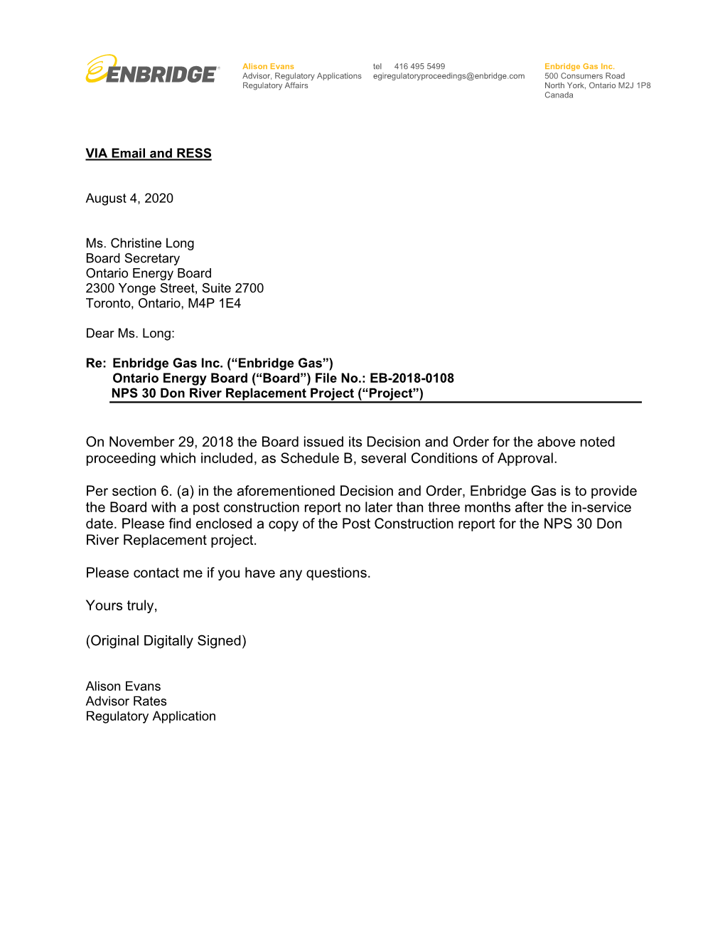 Enbridge Gas Inc. Advisor, Regulatory Applications Egiregulatoryproceedings@Enbridge.Com 500 Consumers Road Regulatory Affairs North York, Ontario M2J 1P8 Canada