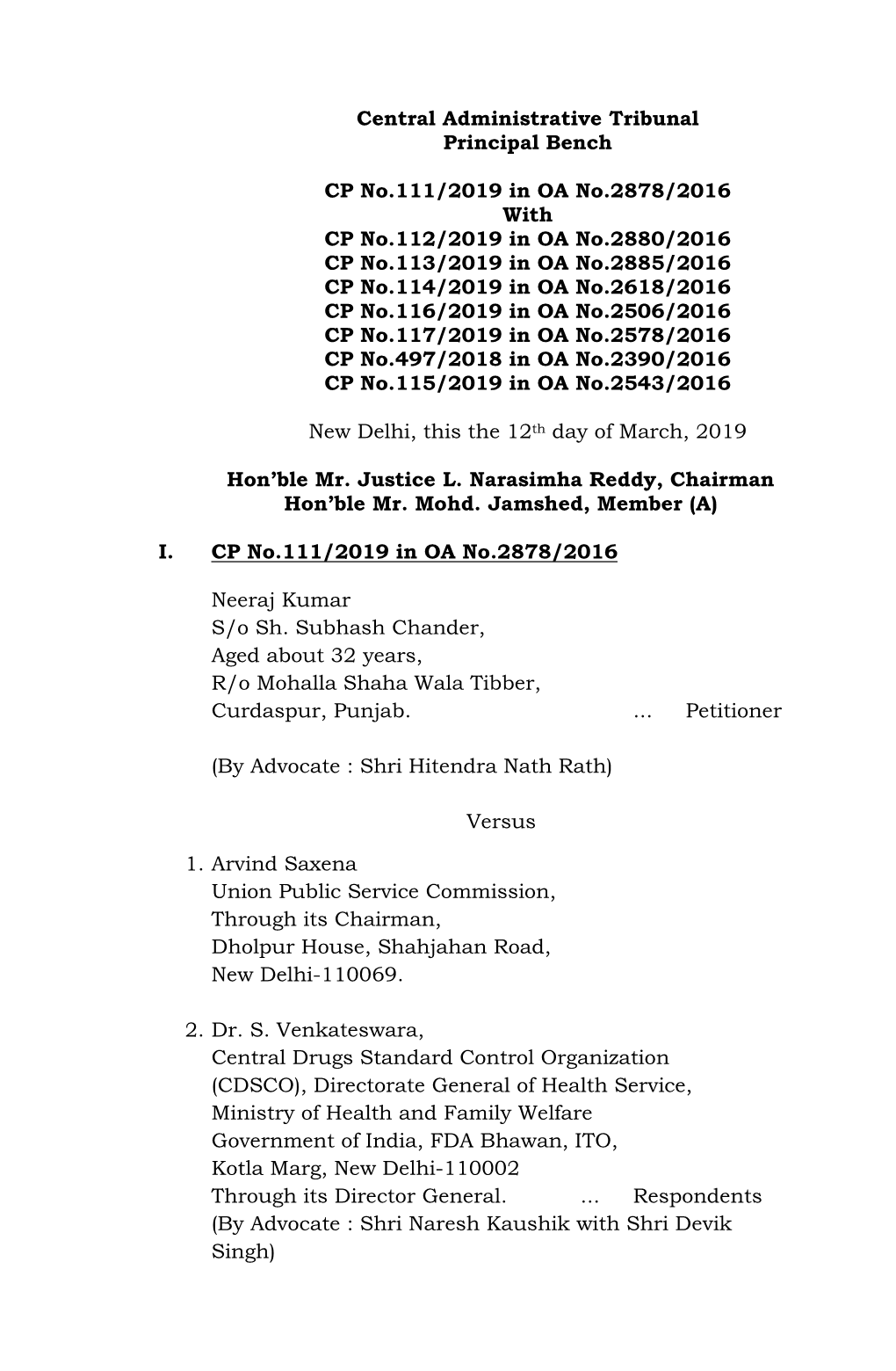Central Administrative Tribunal Principal Bench CP No.111/2019 In