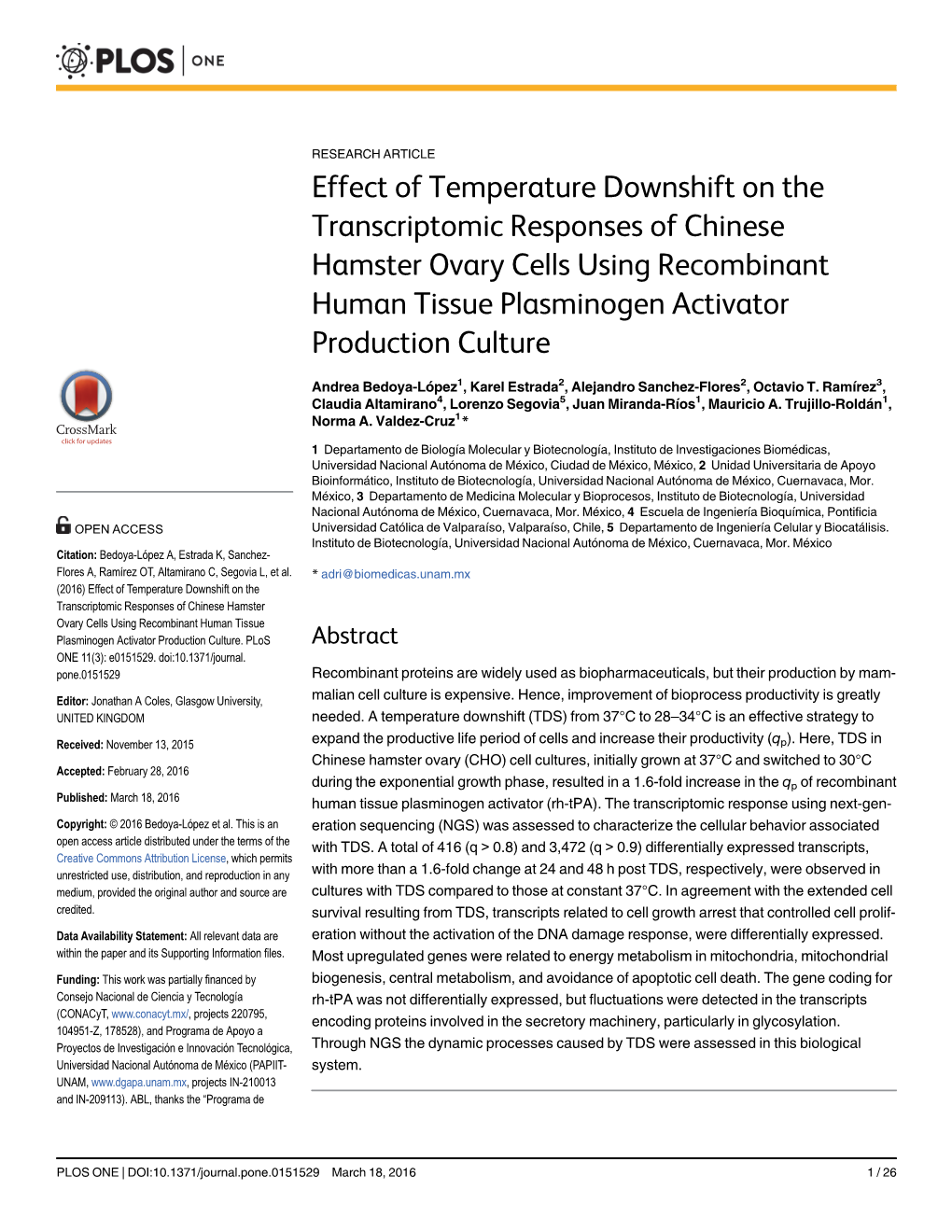 Effect of Temperature Downshift on the Transcriptomic Responses of Chinese Hamster Ovary Cells Using Recombinant Human Tissue Plasminogen Activator Production Culture