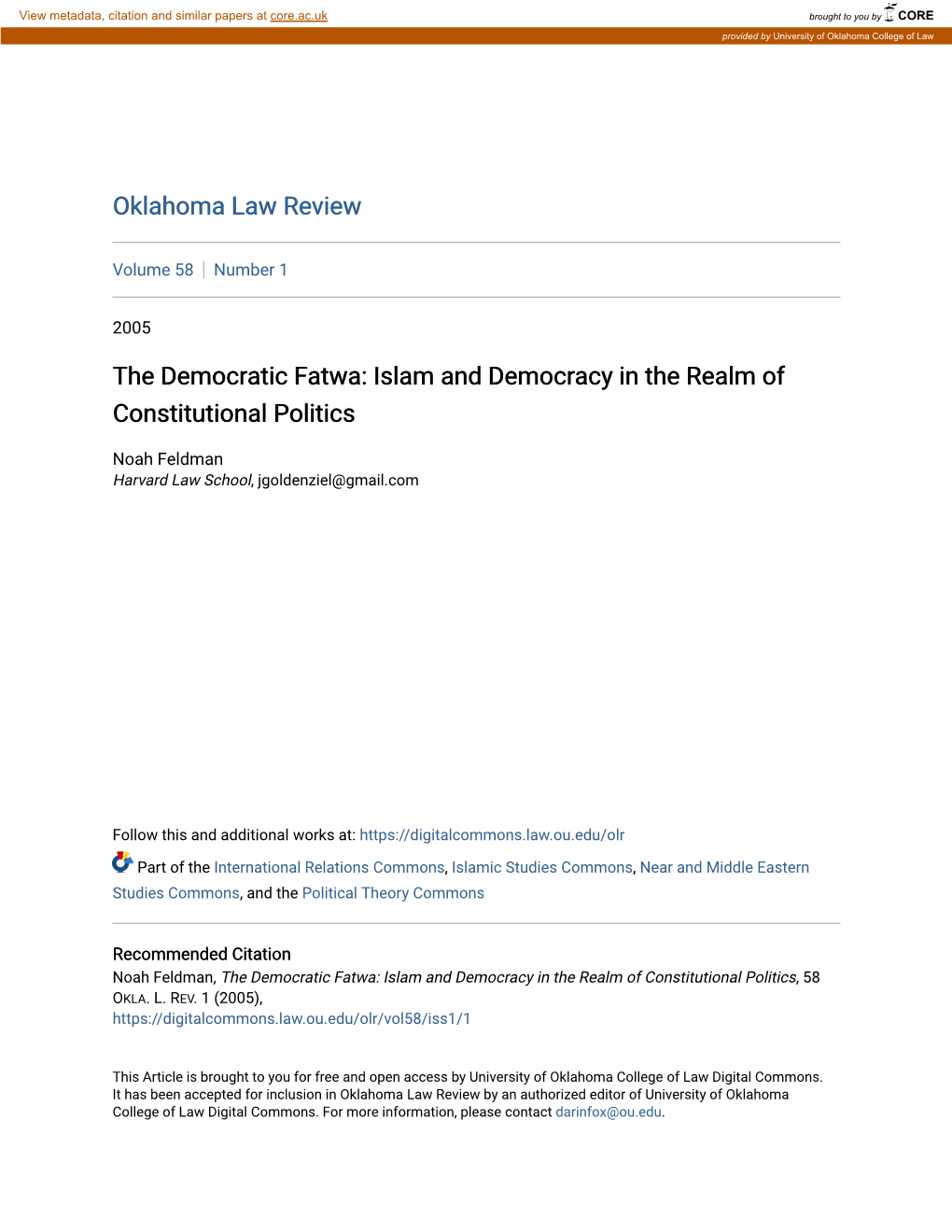 The Democratic Fatwa: Islam and Democracy in the Realm of Constitutional Politics