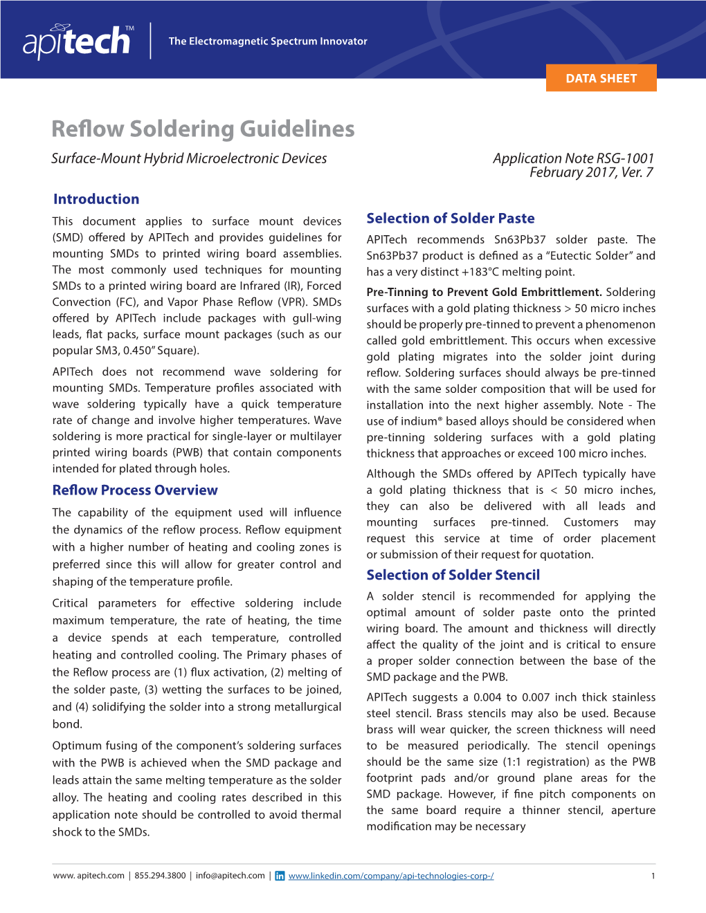 Reflow Soldering Guidelines Surface-Mount Hybrid Microelectronic Devices Application Note RSG-1001 February 2017, Ver