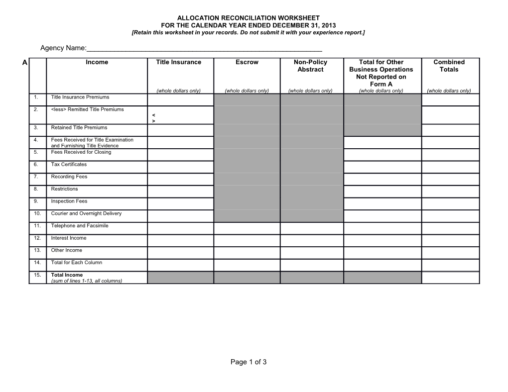 Retain This Worksheet in Your Records. Do Not Submit It with Your Experience Report