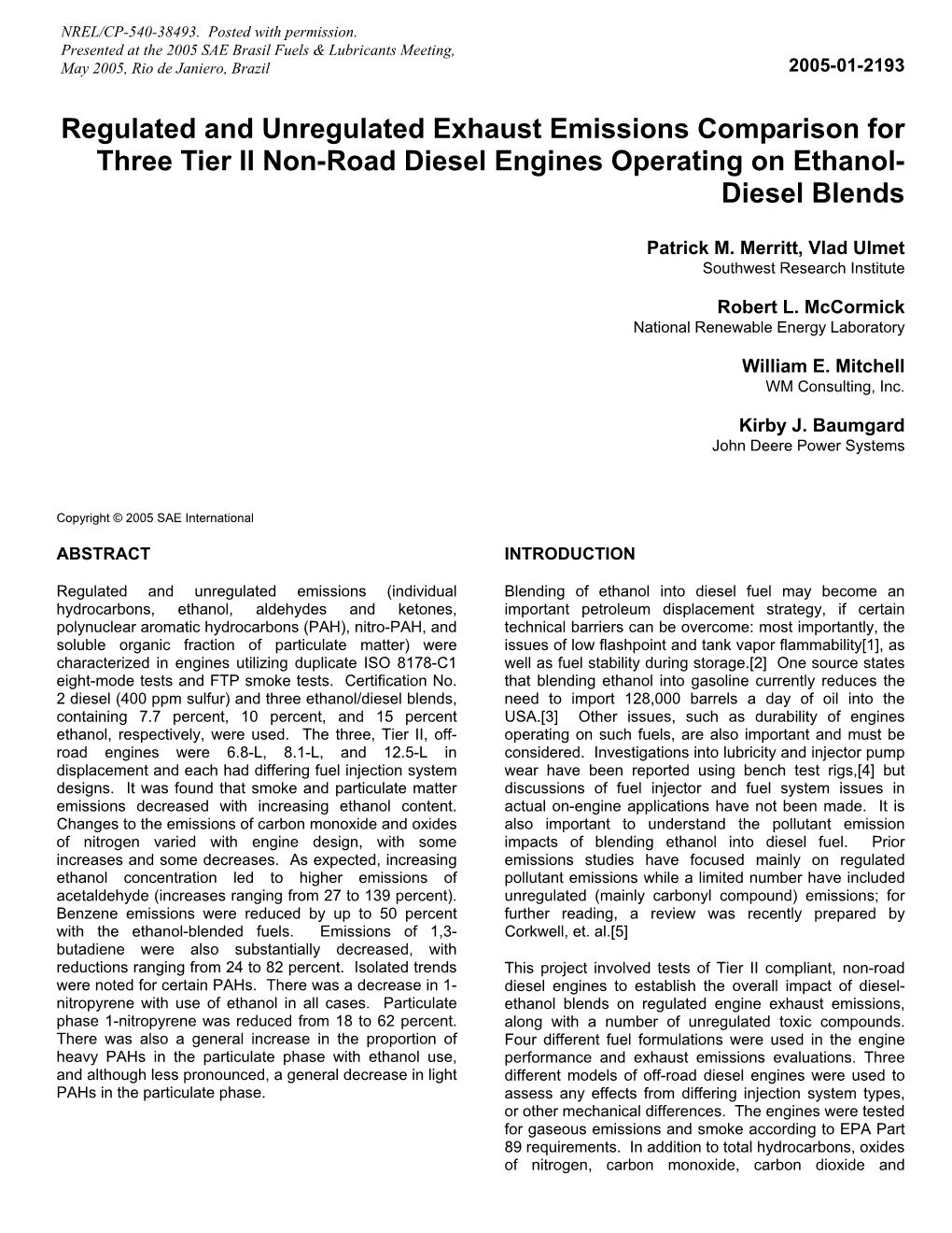 Regulated and Unregulated Exhaust Emissions Comparison for Three Tier II Non-Road Diesel Engines Operating on Ethanol- Diesel Blends