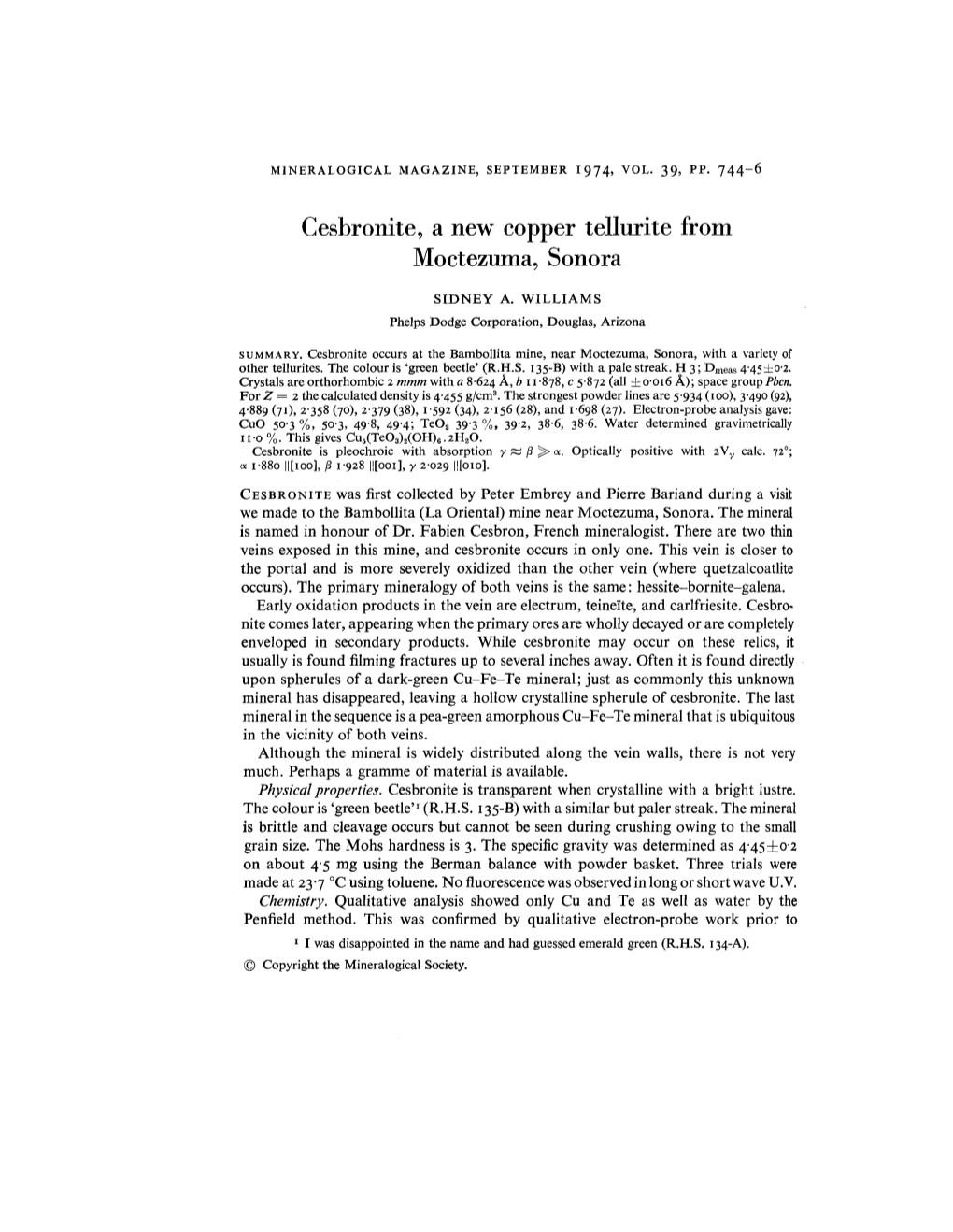 Cesbronite, a New Copper Tellurite from Moctezuma, Sonora