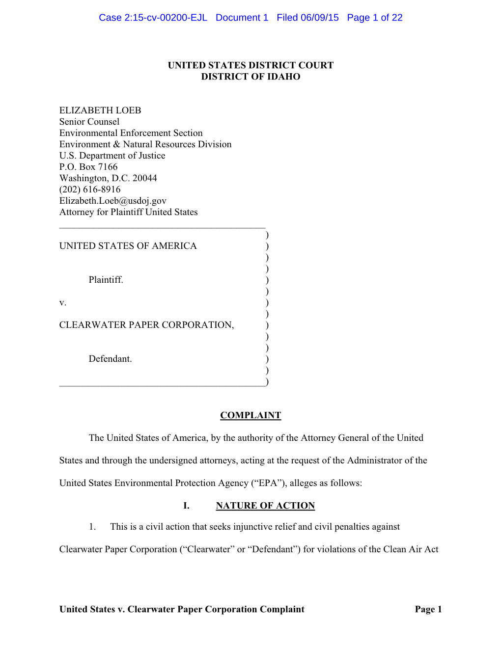 United States V. Clearwater Paper Corporation Complaint Page 1
