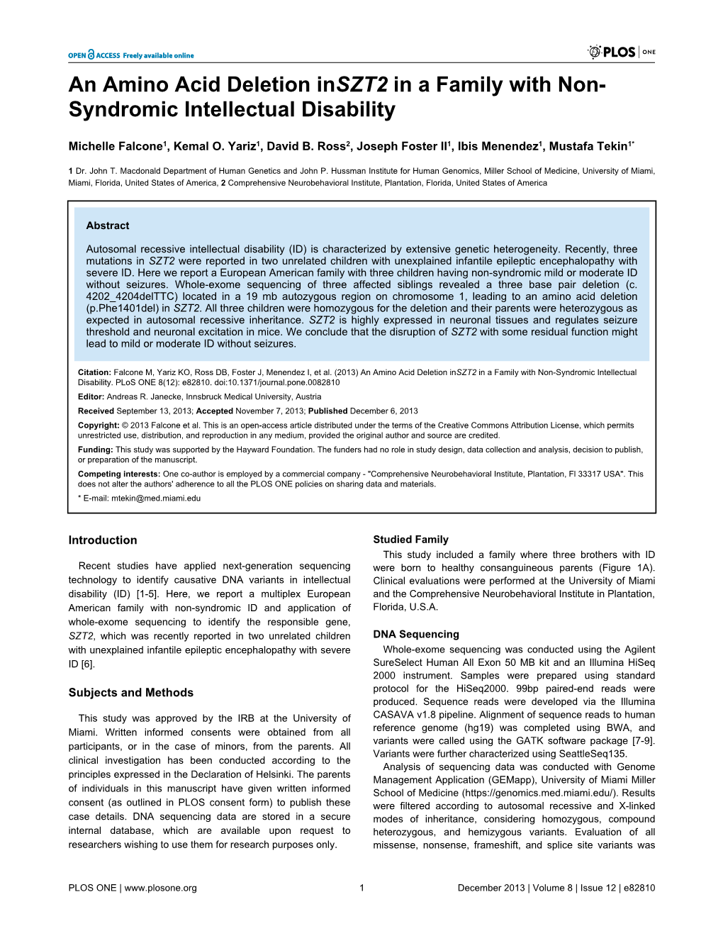 An Amino Acid Deletion Inszt2 in a Family with Non- Syndromic Intellectual Disability