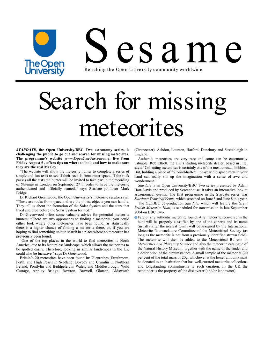 Search for Missing Meteorites