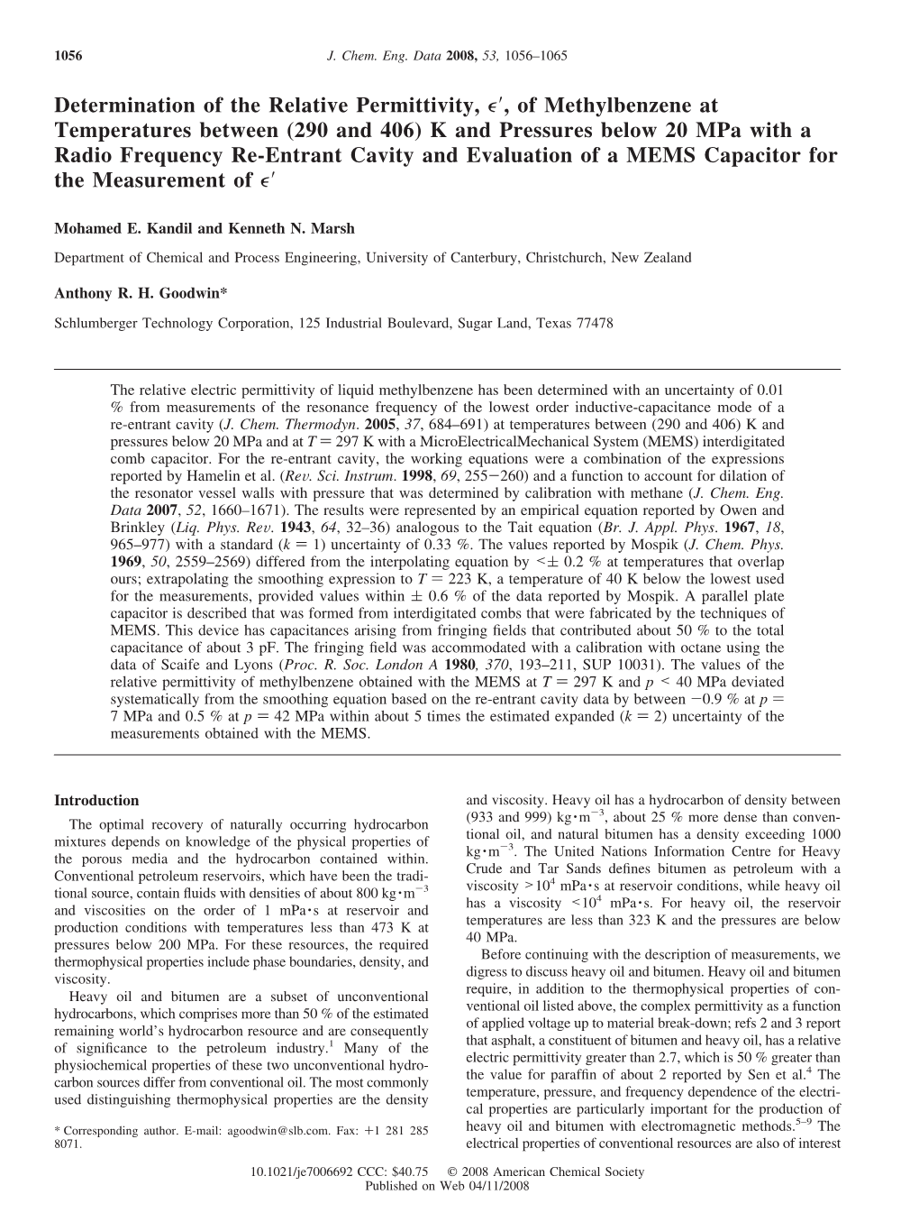 Determination of the Relative Permittivity, E′, of Methylbenzene