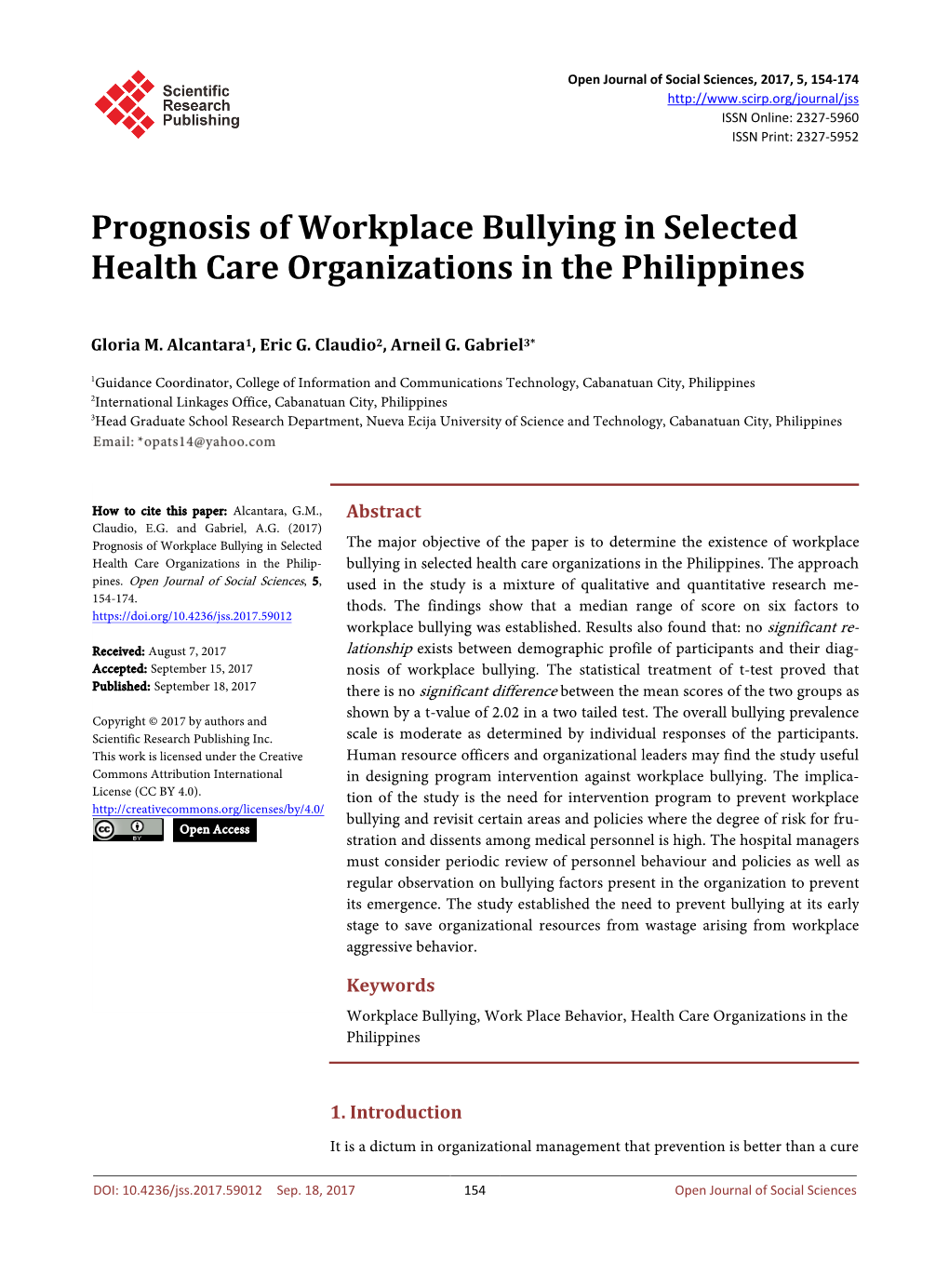 Prognosis of Workplace Bullying in Selected Health Care Organizations in the Philippines