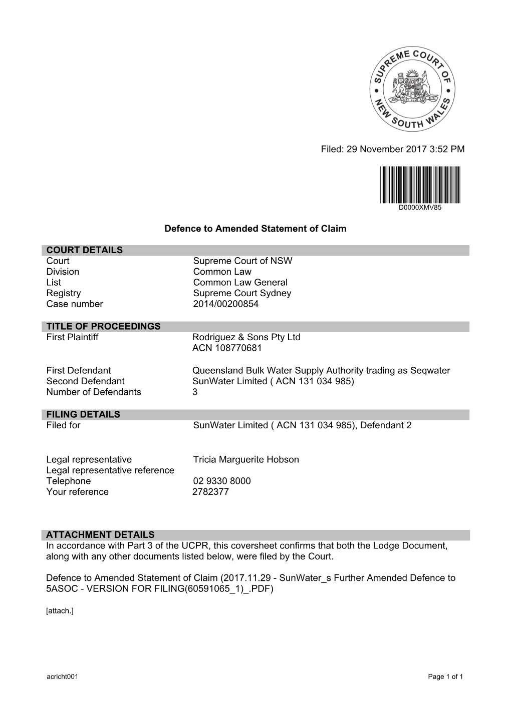 Filed: 29 November 2017 3:52 PM Defence to Amended Statement Of