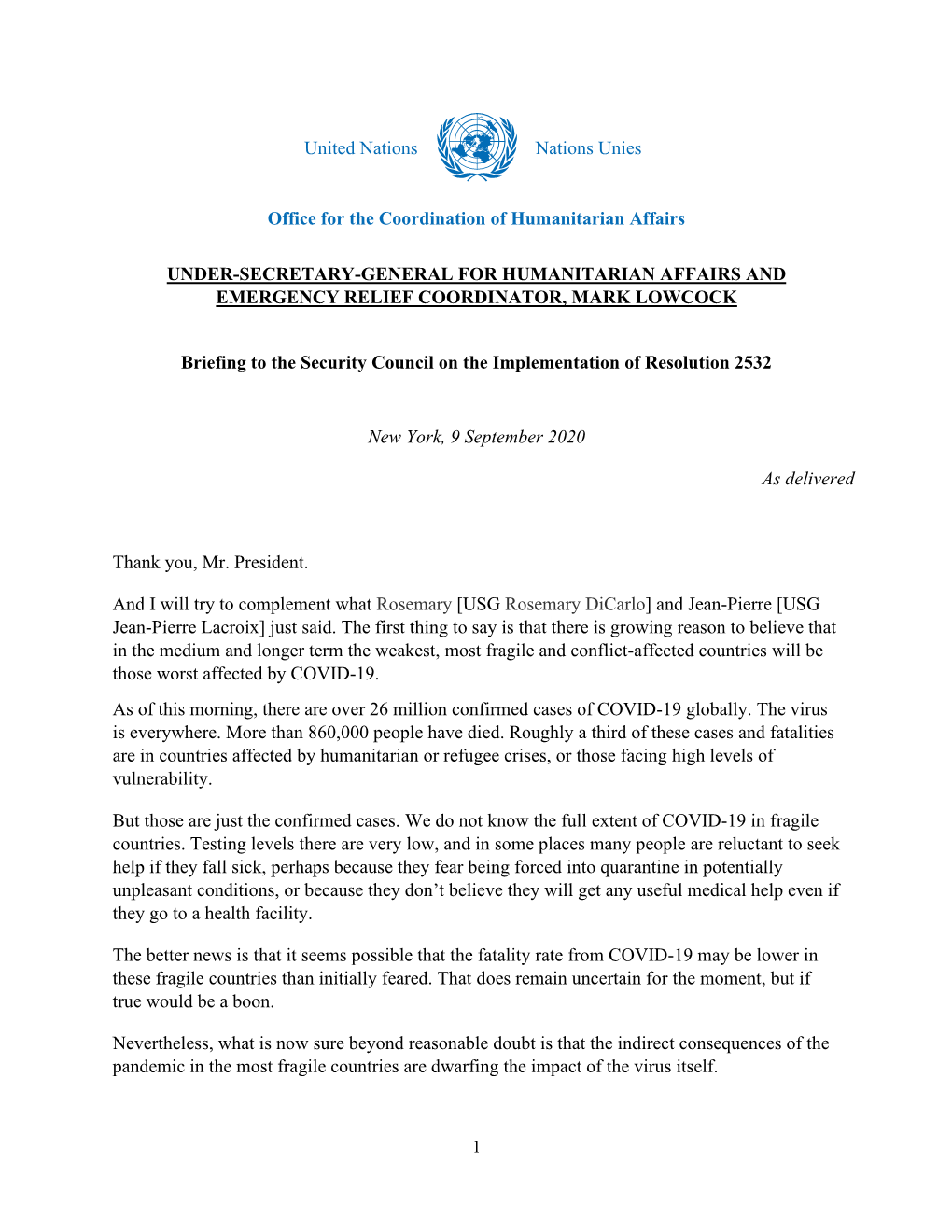 United Nations Nations Unies Office for the Coordination Of