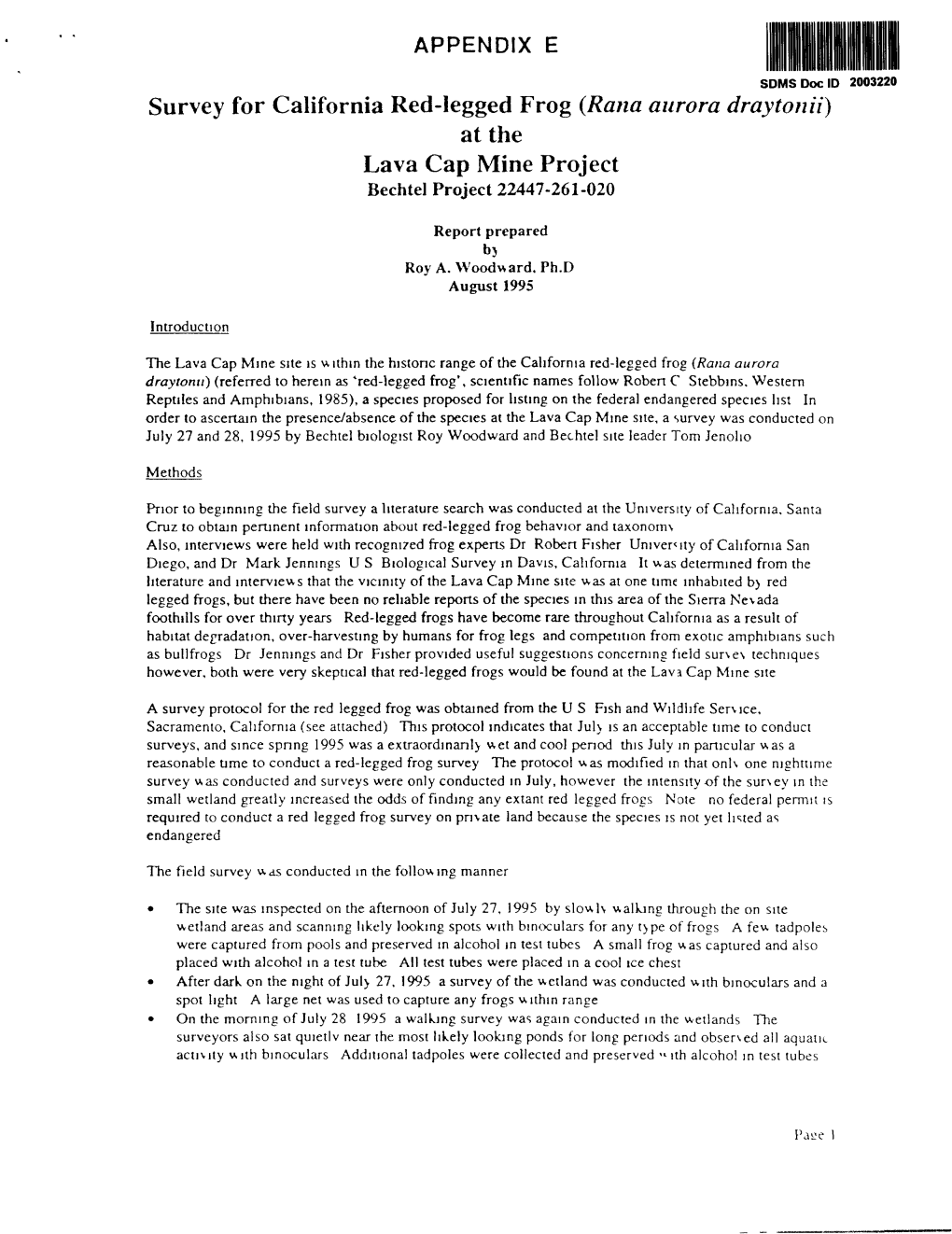 Survey for CA Red-Legged Forg at Site, W/Contact Rpt 11/20/95