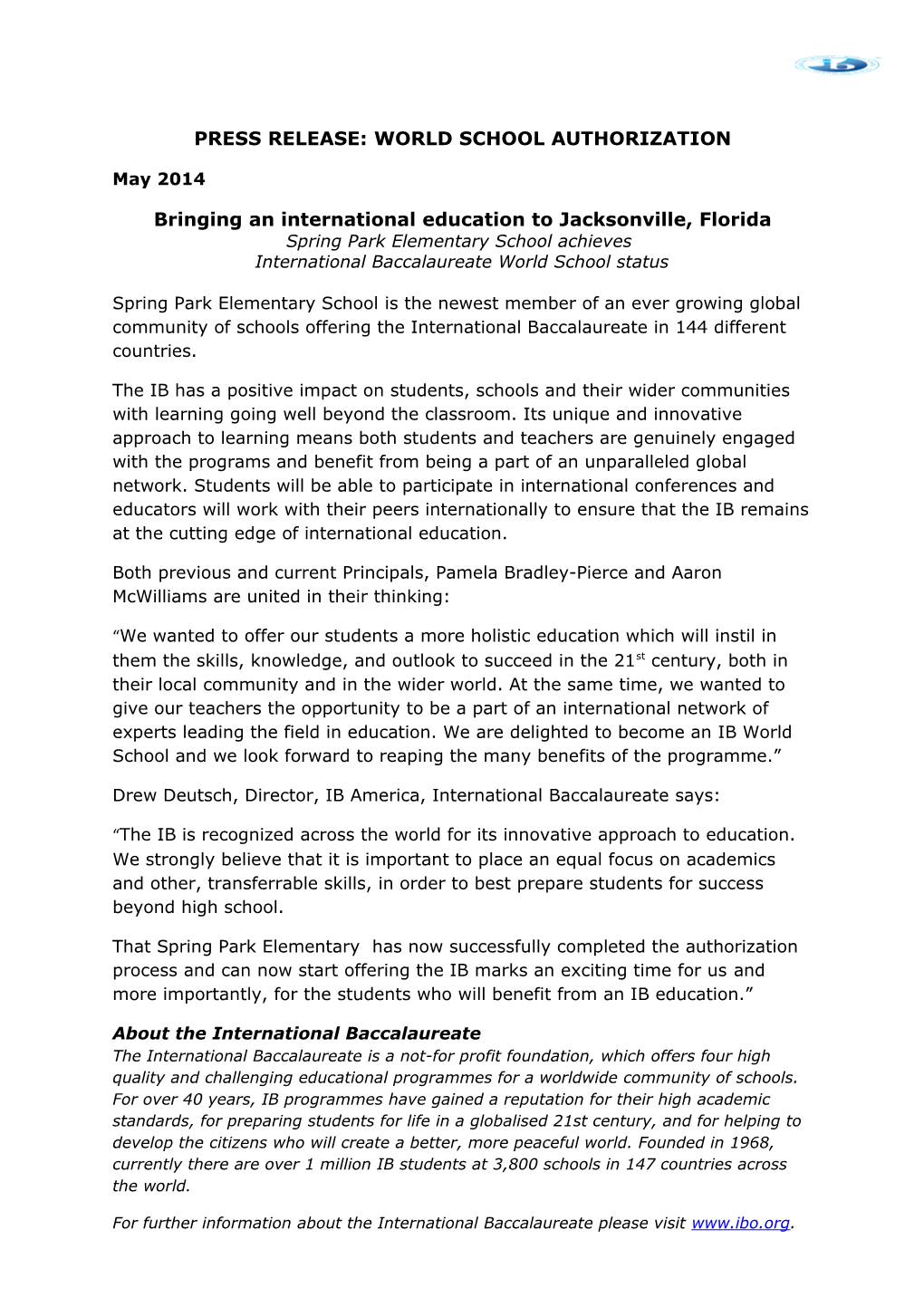 Press Release: World School Authorization